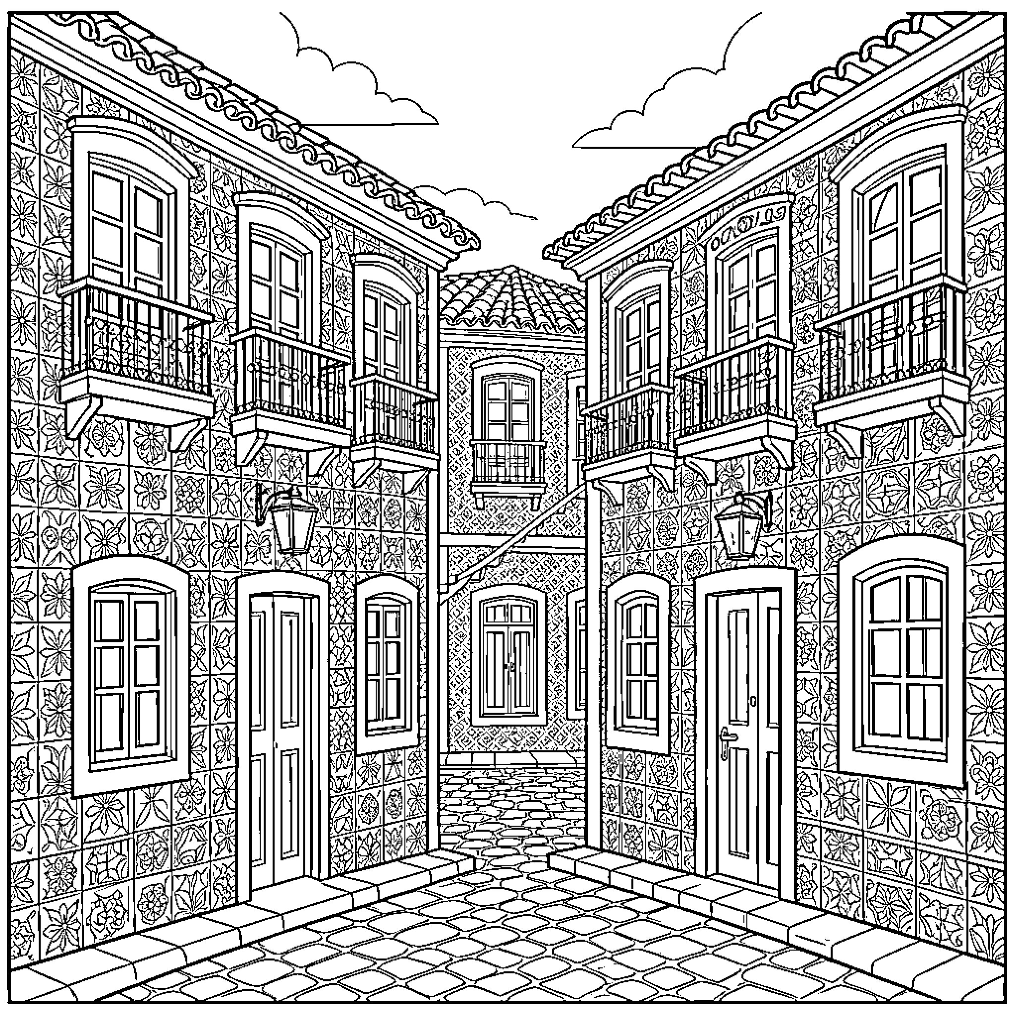 Portuguese Heritage: Traditional Architectural Courtyard Coloring Page (free black-and-white line drawing printable PDF for all, from beginners to advanced learners, including children, teens, adults, and seniors)