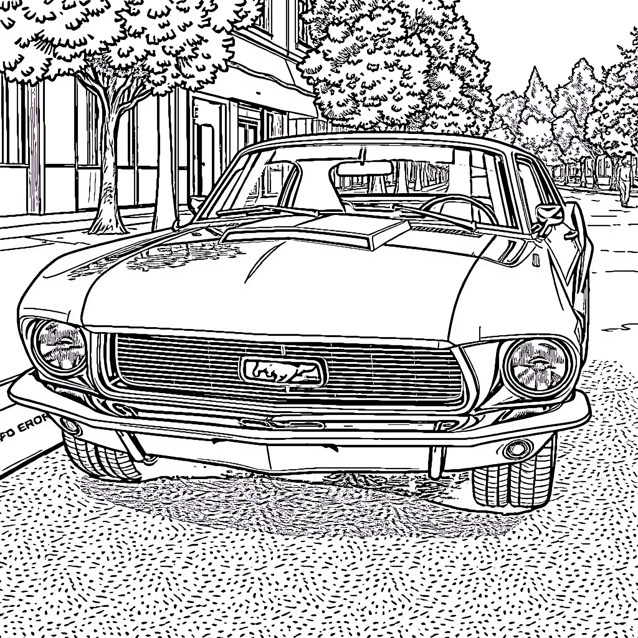 Mustang classic car in idyllic town setting Coloring Page (free black-and-white line drawing printable PDF for all, from beginners to advanced learners, including children, teens, adults, and seniors)