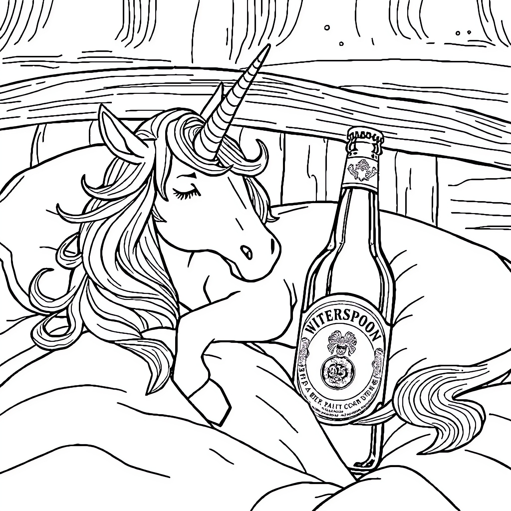 Unicorn resting with a bottle of Butterspoon Coloring Page (free black-and-white line drawing printable PDF for all, from beginners to advanced learners, including children, teens, adults, and seniors)