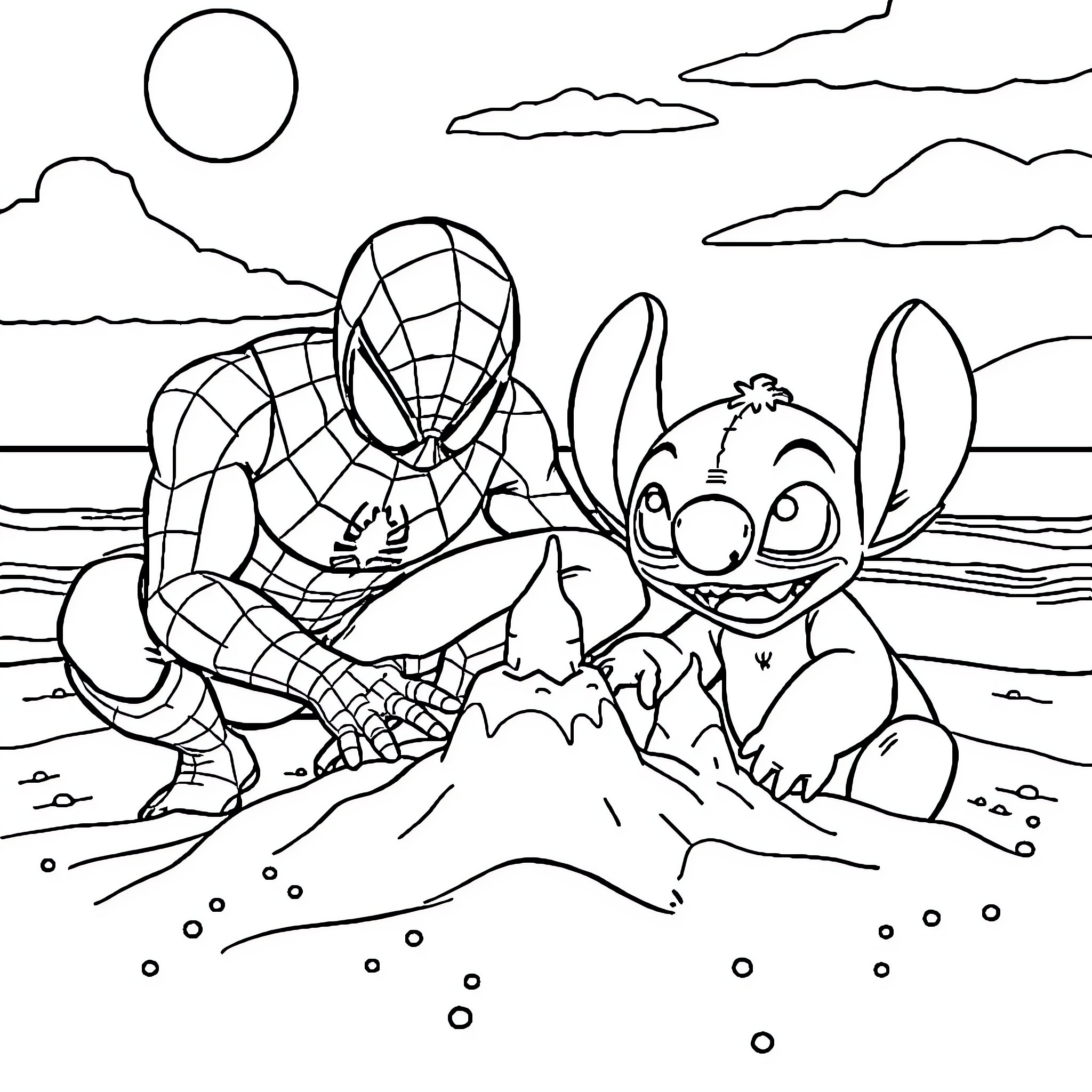 Spiderman playing with Stitch on the beach Coloring Page (free black-and-white line drawing printable PDF for all, from beginners to advanced learners, including children, teens, adults, and seniors)