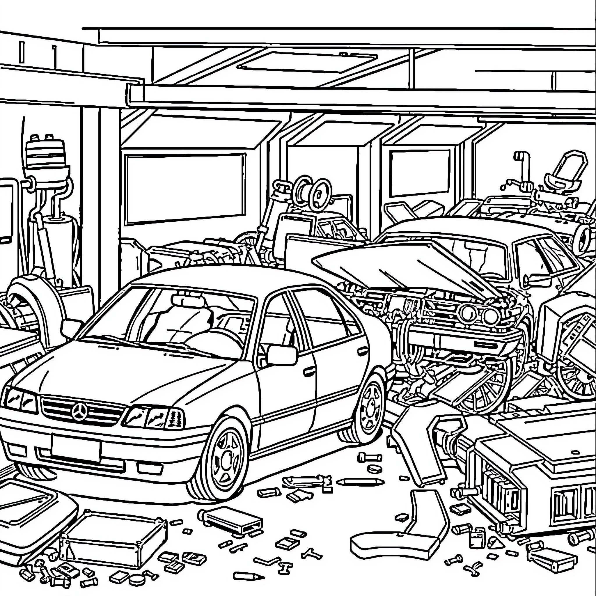 Voiture Repair Shop with Disassembled Vehicles Coloring Page (free black-and-white line drawing printable PDF for all, from beginners to advanced learners, including children, teens, adults, and seniors)