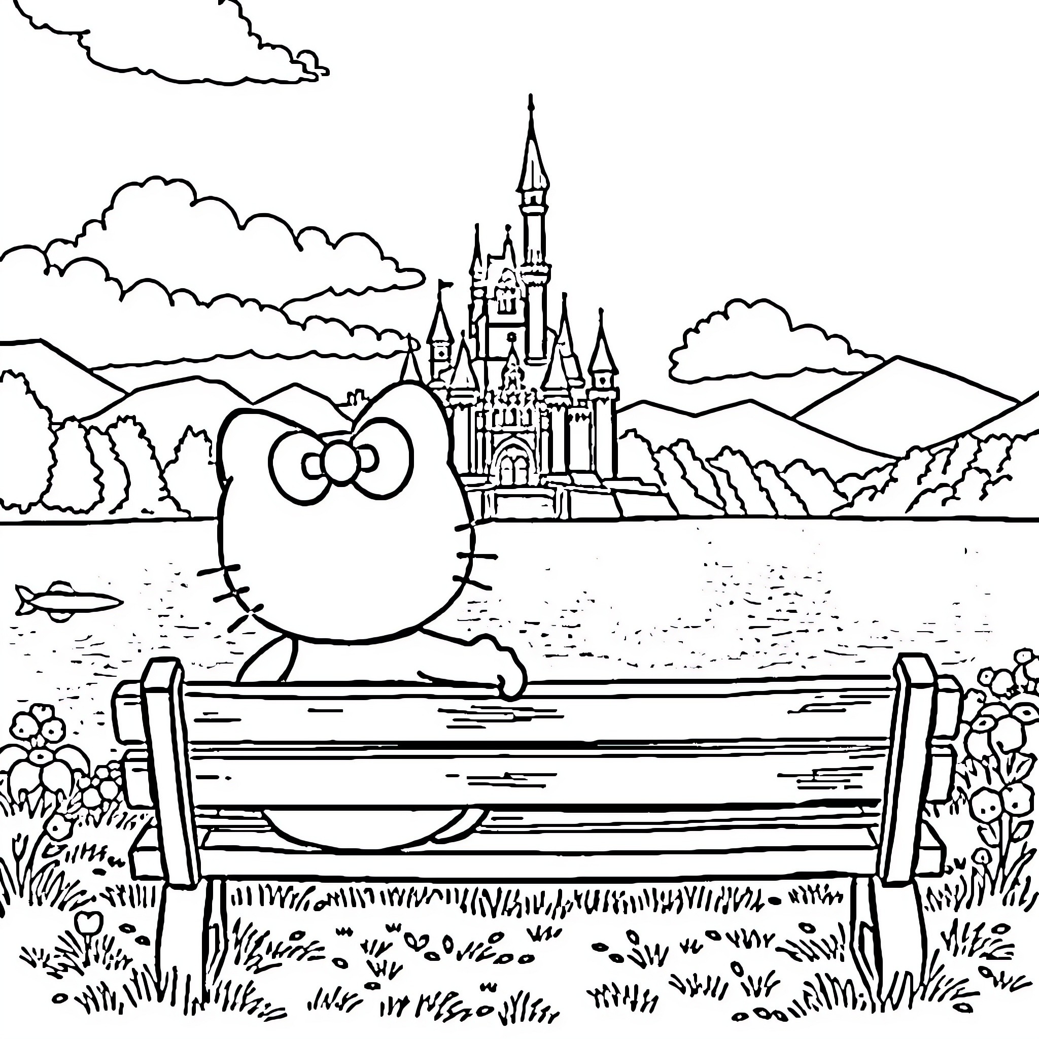 Hello Kitty relaxing by a castle in a scenic landscape Coloring Page (free black-and-white line drawing printable PDF for all, from beginners to advanced learners, including children, teens, adults, and seniors)