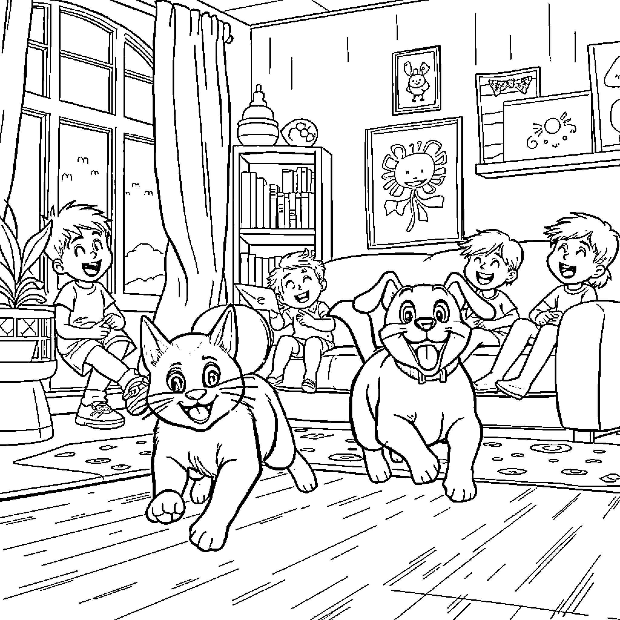 Cats and Kids Playing in the Room Coloring Page (free black-and-white line drawing printable PDF for all, from beginners to advanced learners, including children, teens, adults, and seniors)