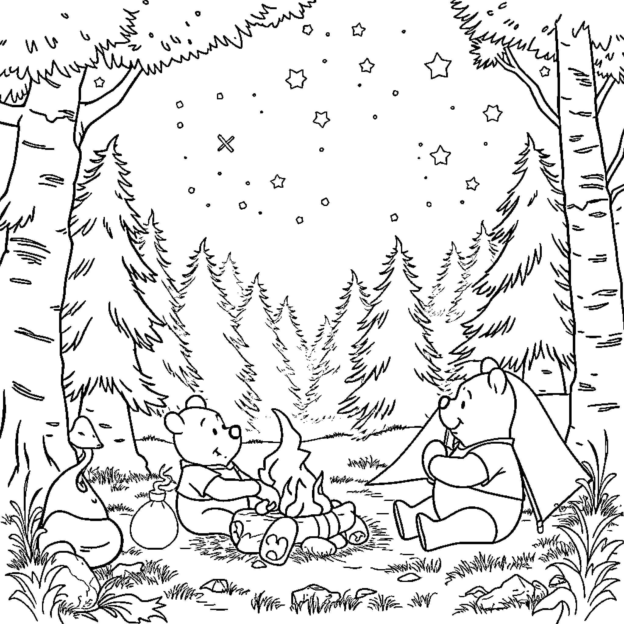 Winnie The Pooh and Friends Enjoying a Starry Night Outdoors Coloring Page (free black-and-white line drawing printable PDF for all, from beginners to advanced learners, including children, teens, adults, and seniors)