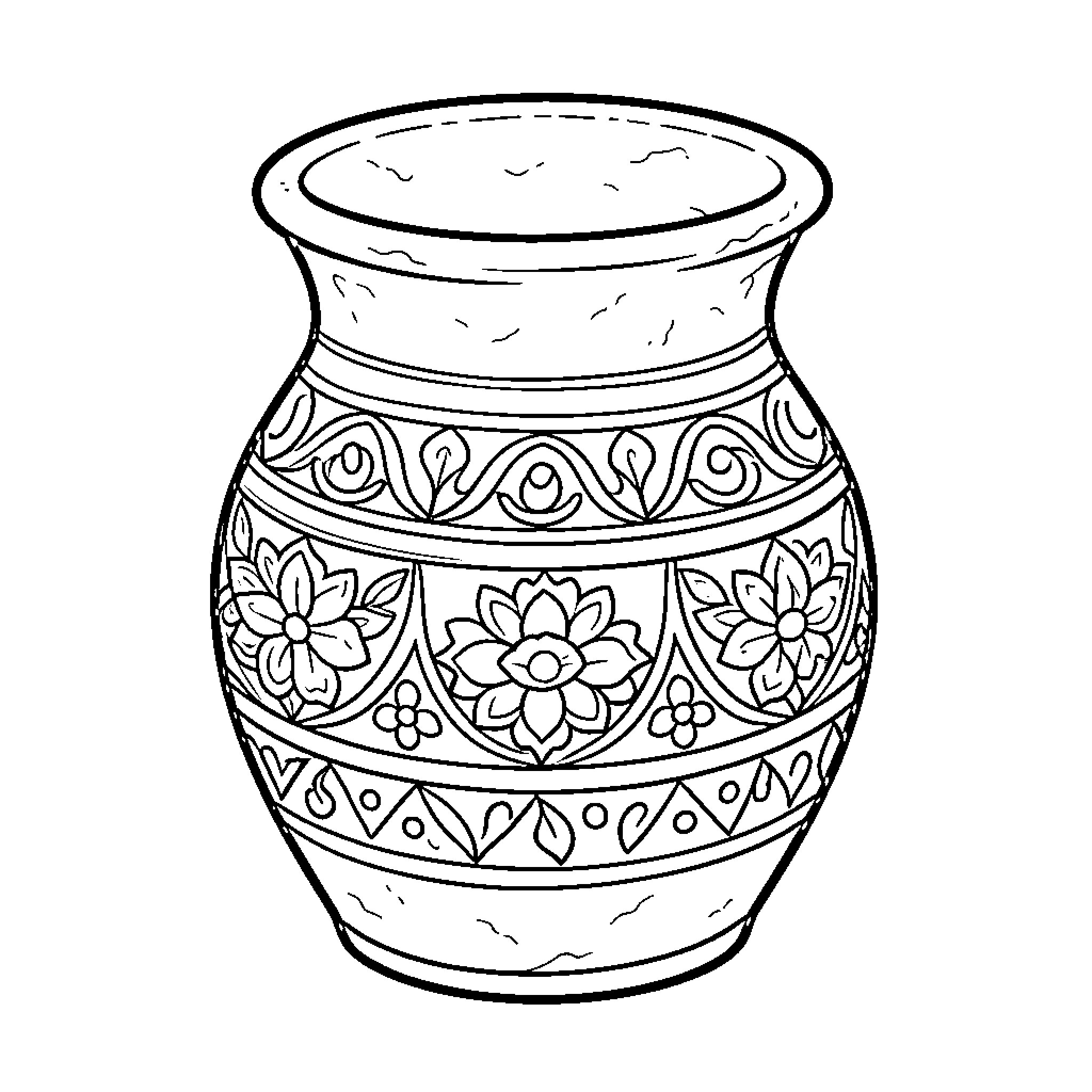 Mud Glass vessel decorated with intricate floral patterns Coloring Page (free black-and-white line drawing printable PDF for all, from beginners to advanced learners, including children, teens, adults, and seniors)