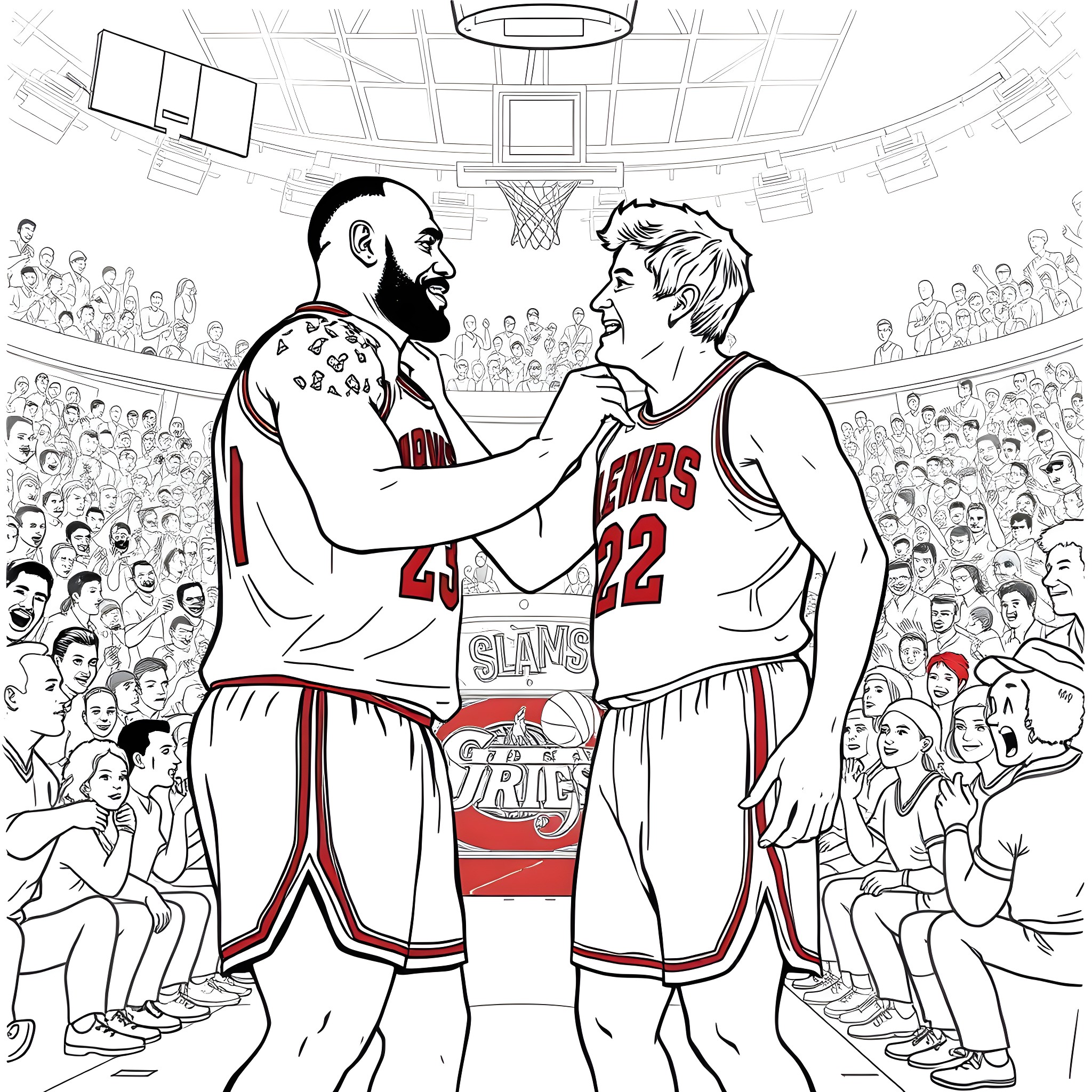 LeBron James and Teammate Celebrate Victory on the Basketball Court Coloring Page (free black-and-white line drawing printable PDF for all, from beginners to advanced learners, including children, teens, adults, and seniors)