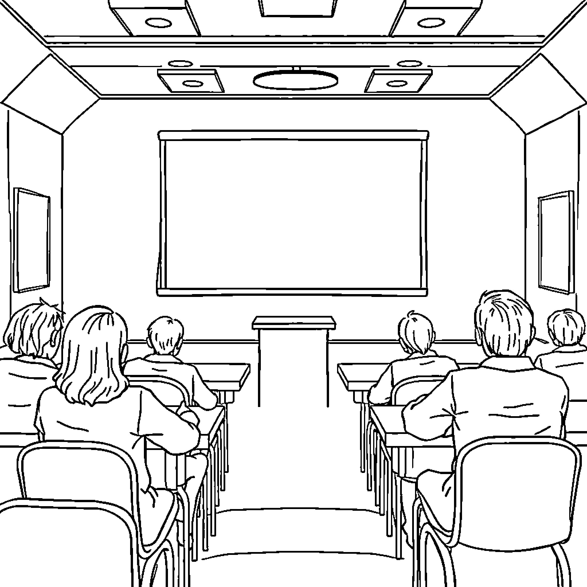 Evaluation of presentation in classroom setting Coloring Page (free black-and-white line drawing printable PDF for all, from beginners to advanced learners, including children, teens, adults, and seniors)