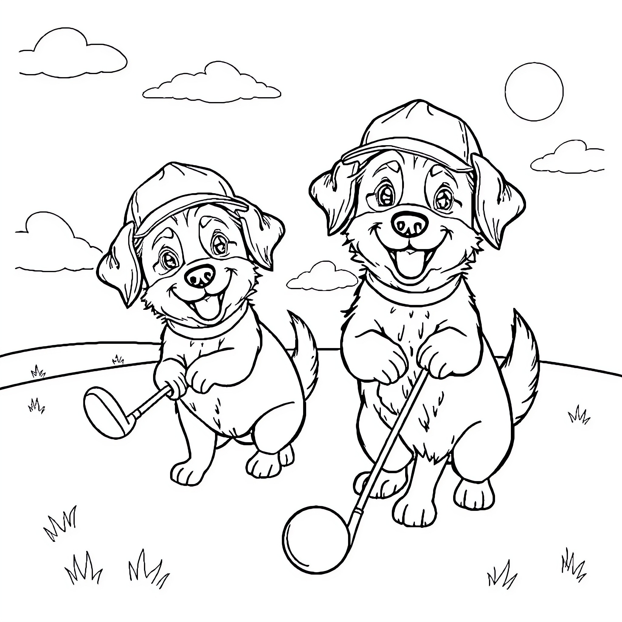 Dogs Playing Happily with Toys in the Park Coloring Page (free black-and-white line drawing printable PDF for all, from beginners to advanced learners, including children, teens, adults, and seniors)