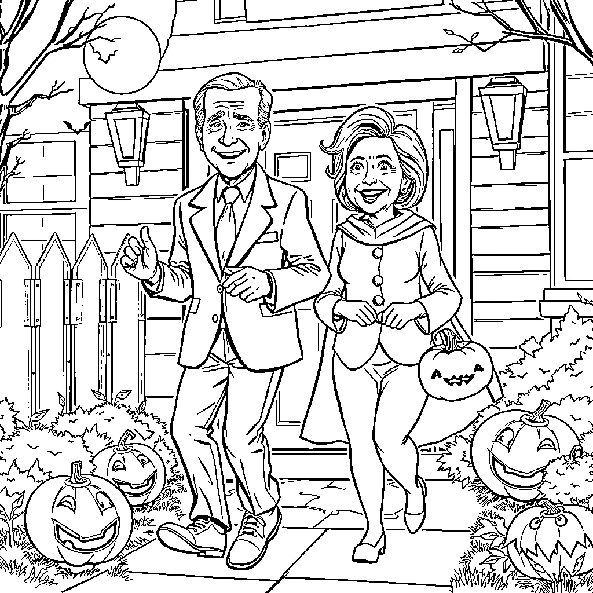 Joe Biden and Hillary Clinton Posing for Halloween Coloring Page (free black-and-white line drawing printable PDF for all, from beginners to advanced learners, including children, teens, adults, and seniors)