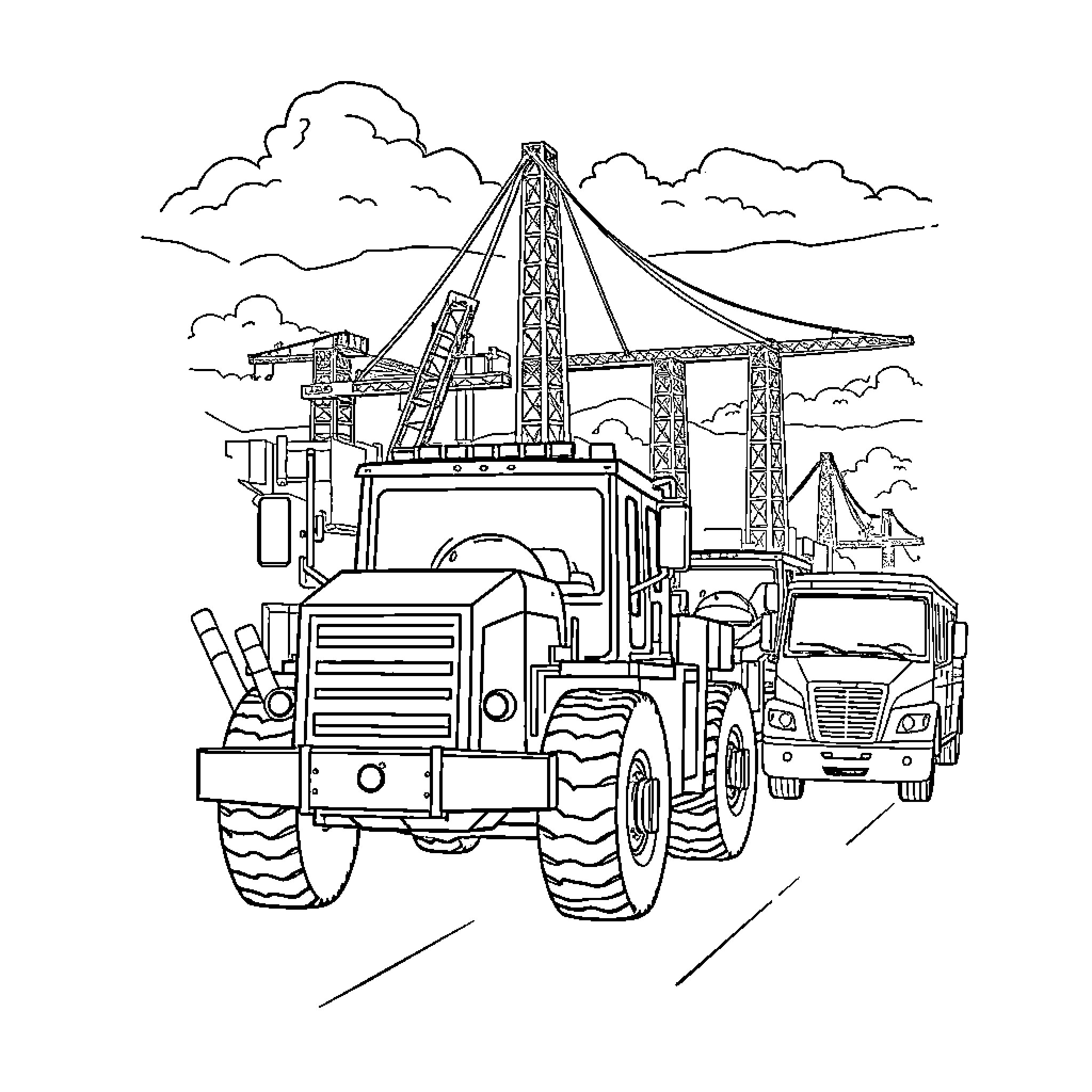 Work Vehicle Operation at Construction Site Coloring Page (free black-and-white line drawing printable PDF for all, from beginners to advanced learners, including children, teens, adults, and seniors)
