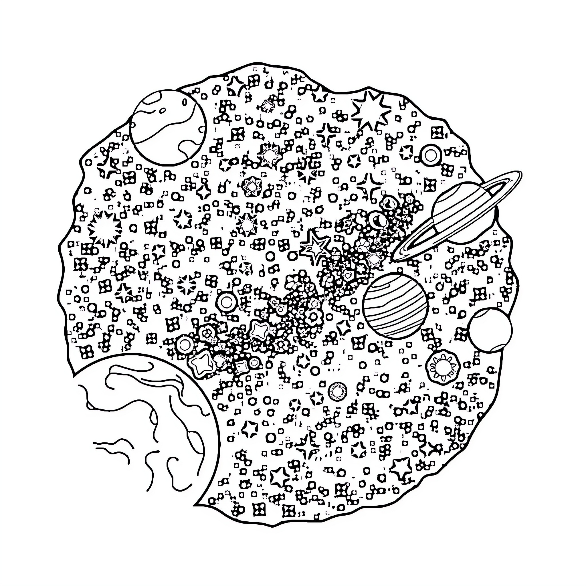 Galaxy of Abstract Shapes and Patterns Coloring Page (free black-and-white line drawing printable PDF for all, from beginners to advanced learners, including children, teens, adults, and seniors)