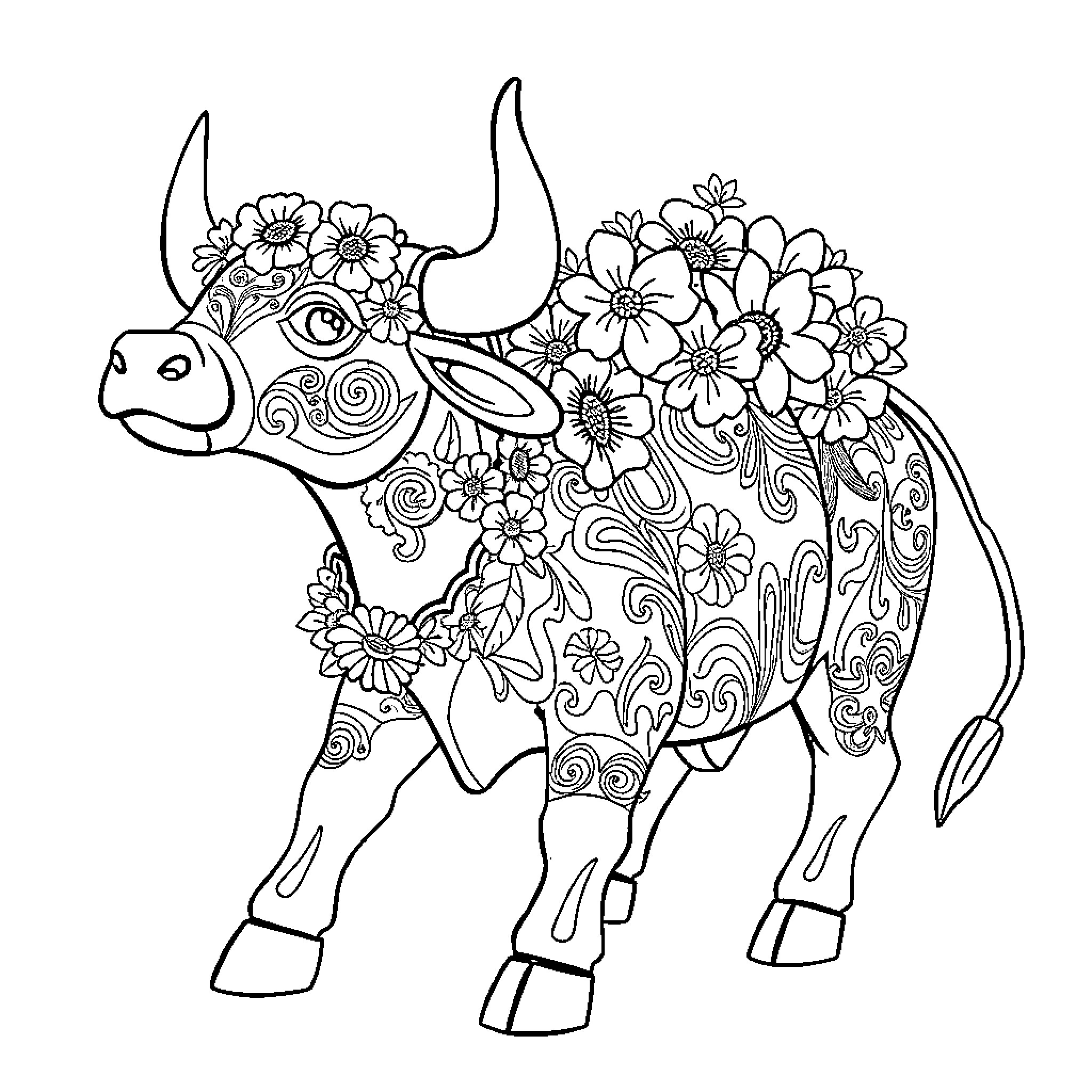 Torito de Caliboro with Intricate Floral Patterns Coloring Page (free black-and-white line drawing printable PDF for all, from beginners to advanced learners, including children, teens, adults, and seniors)