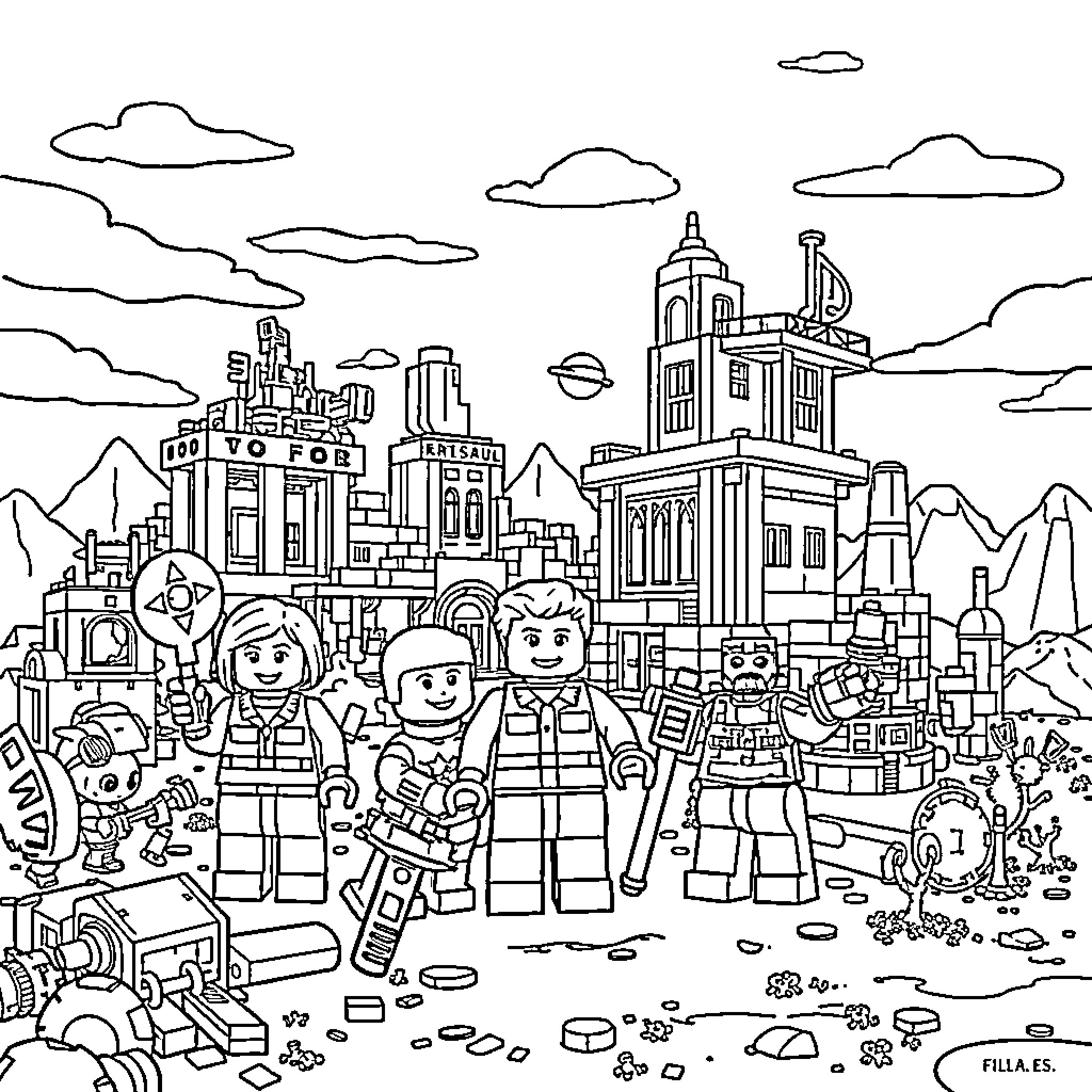 Lego characters exploring a futuristic cityscape Coloring Page (free black-and-white line drawing printable PDF for all, from beginners to advanced learners, including children, teens, adults, and seniors)