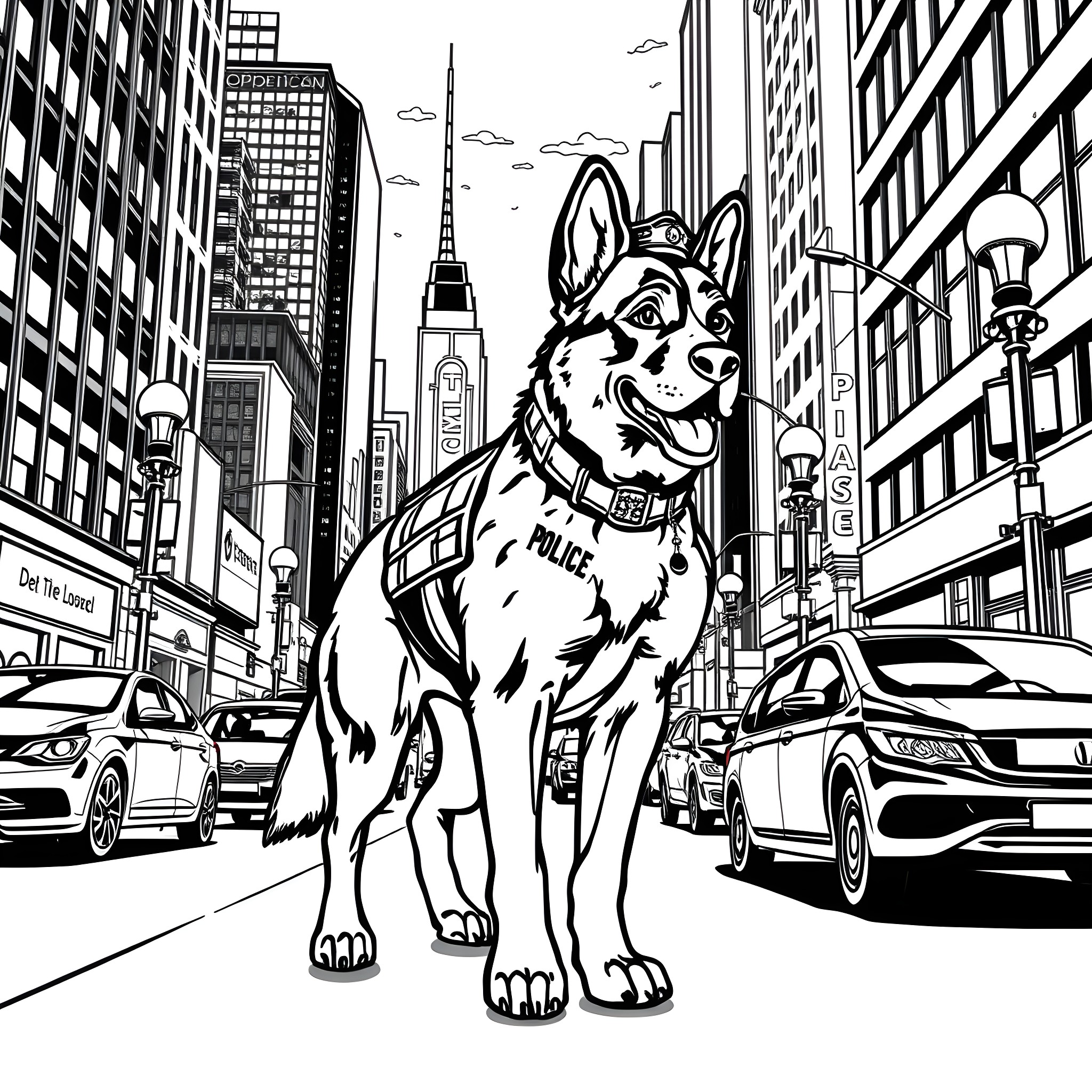 Police Dog on Patrol in the City Coloring Page (free black-and-white line drawing printable PDF for all, from beginners to advanced learners, including children, teens, adults, and seniors)