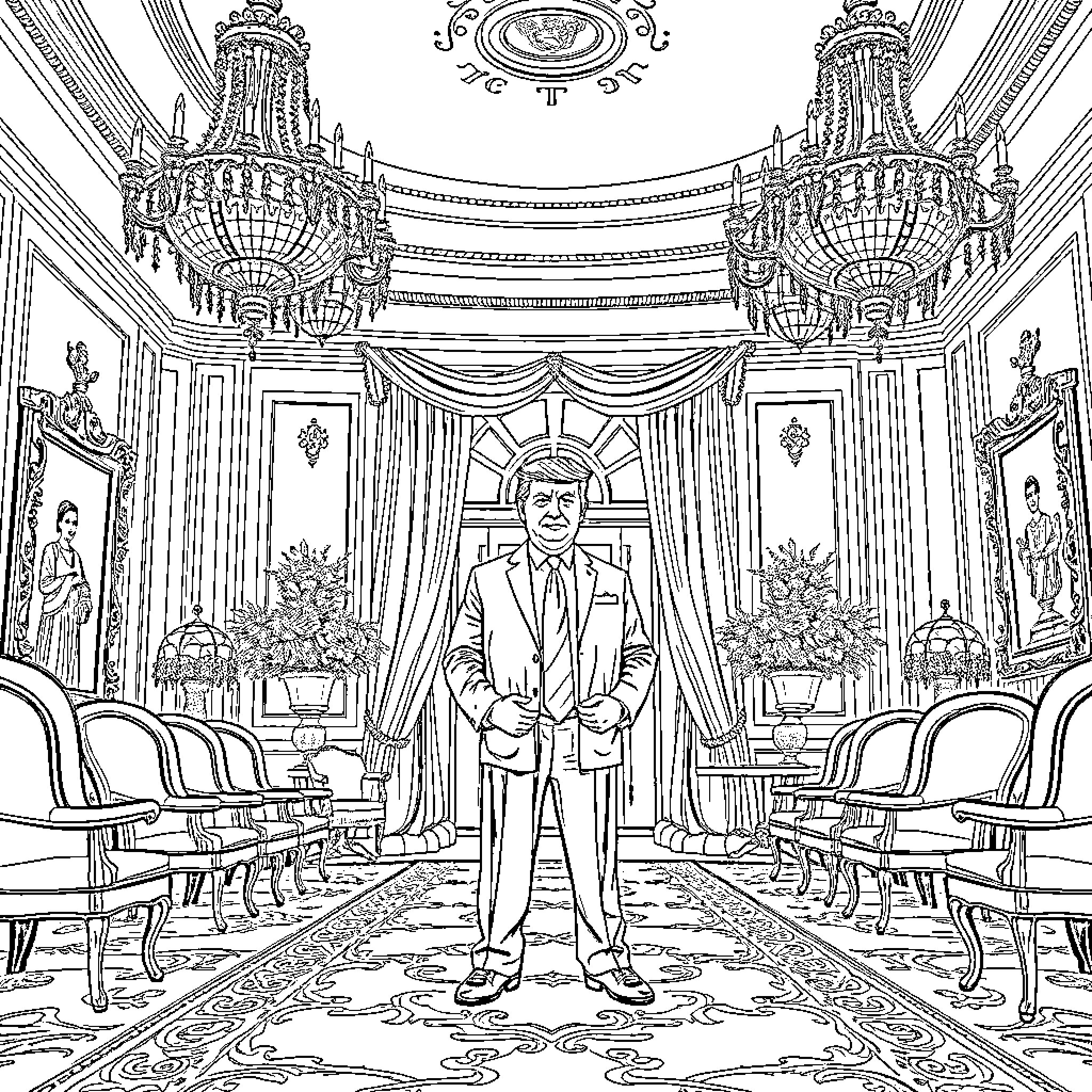 Trump posing confidently in an ornate palace setting Coloring Page (free black-and-white line drawing printable PDF for all, from beginners to advanced learners, including children, teens, adults, and seniors)