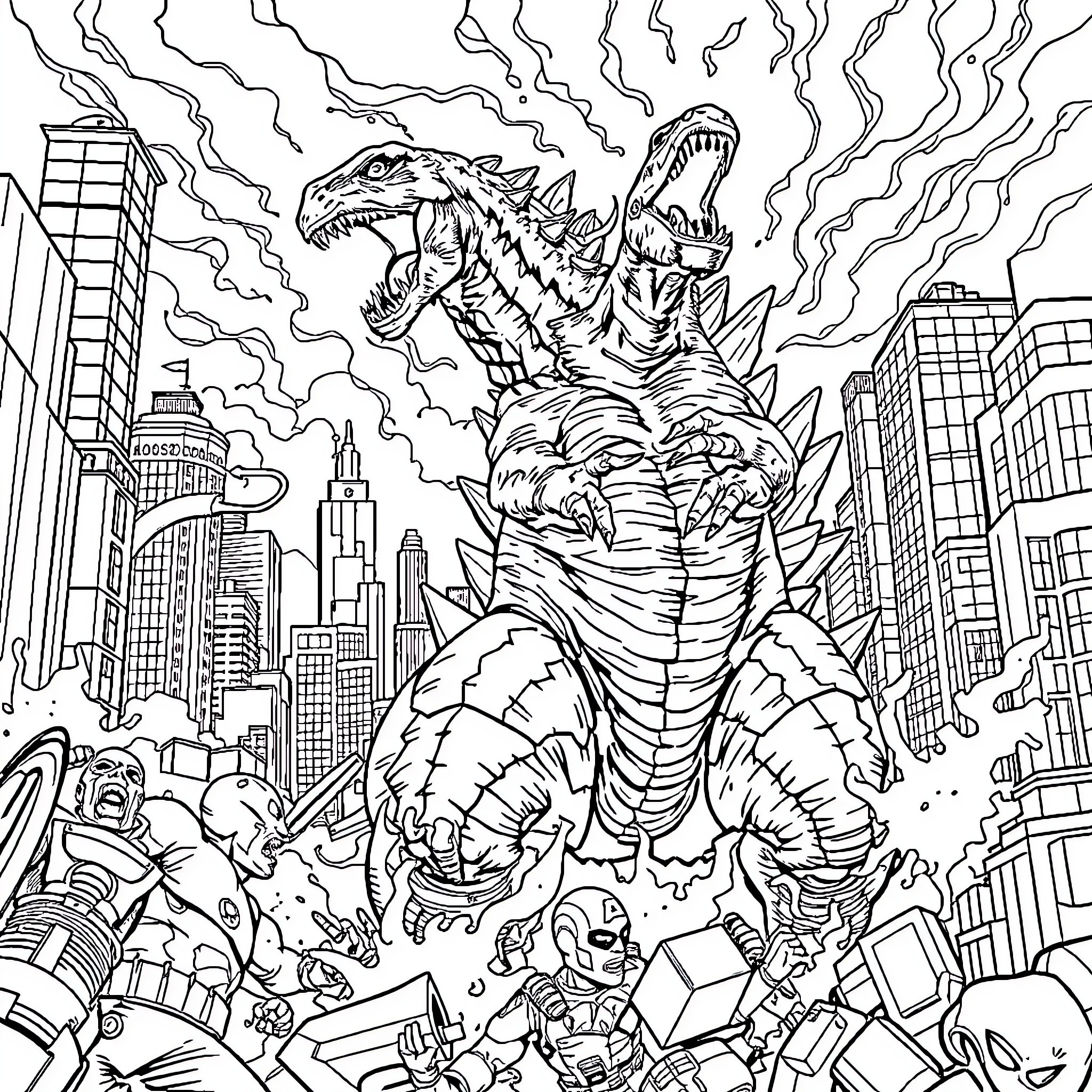Godzilla Unleashes Destruction in the City Coloring Page (free black-and-white line drawing printable PDF for all, from beginners to advanced learners, including children, teens, adults, and seniors)