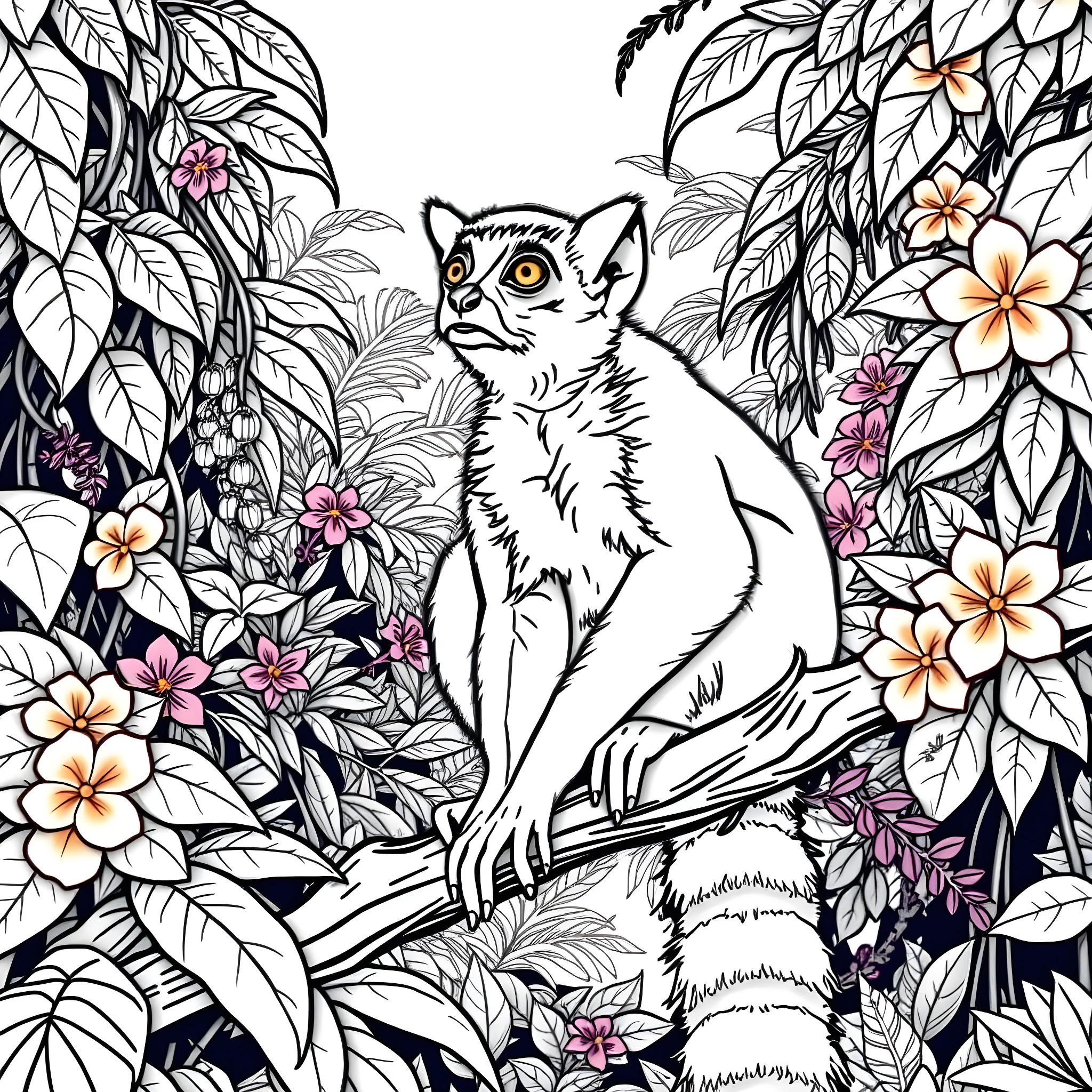Lemur sitting amidst tropical foliage and blossoms Coloring Page (free black-and-white line drawing printable PDF for all, from beginners to advanced learners, including children, teens, adults, and seniors)