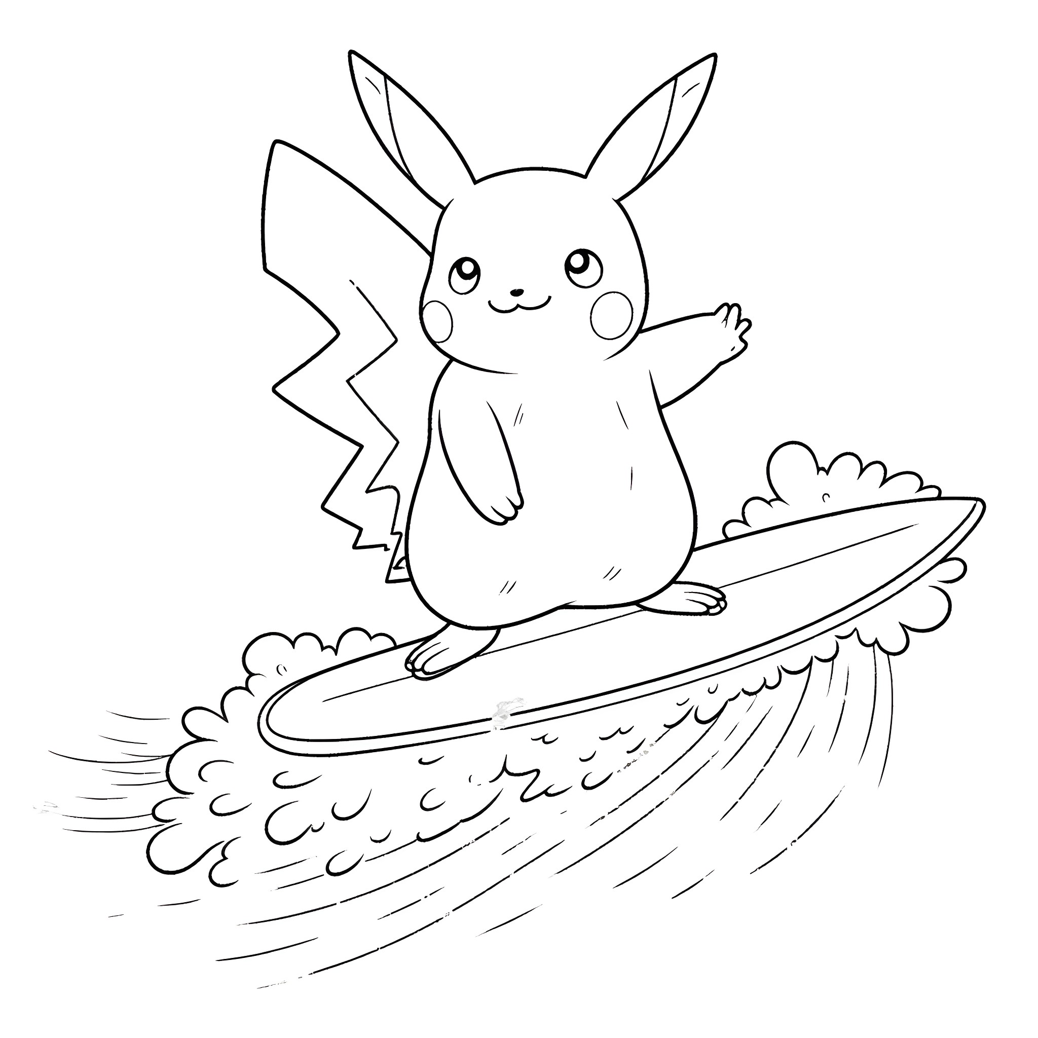 Pikachu surfing on a wave Coloring Page (free black-and-white line drawing printable PDF for all, from beginners to advanced learners, including children, teens, adults, and seniors)