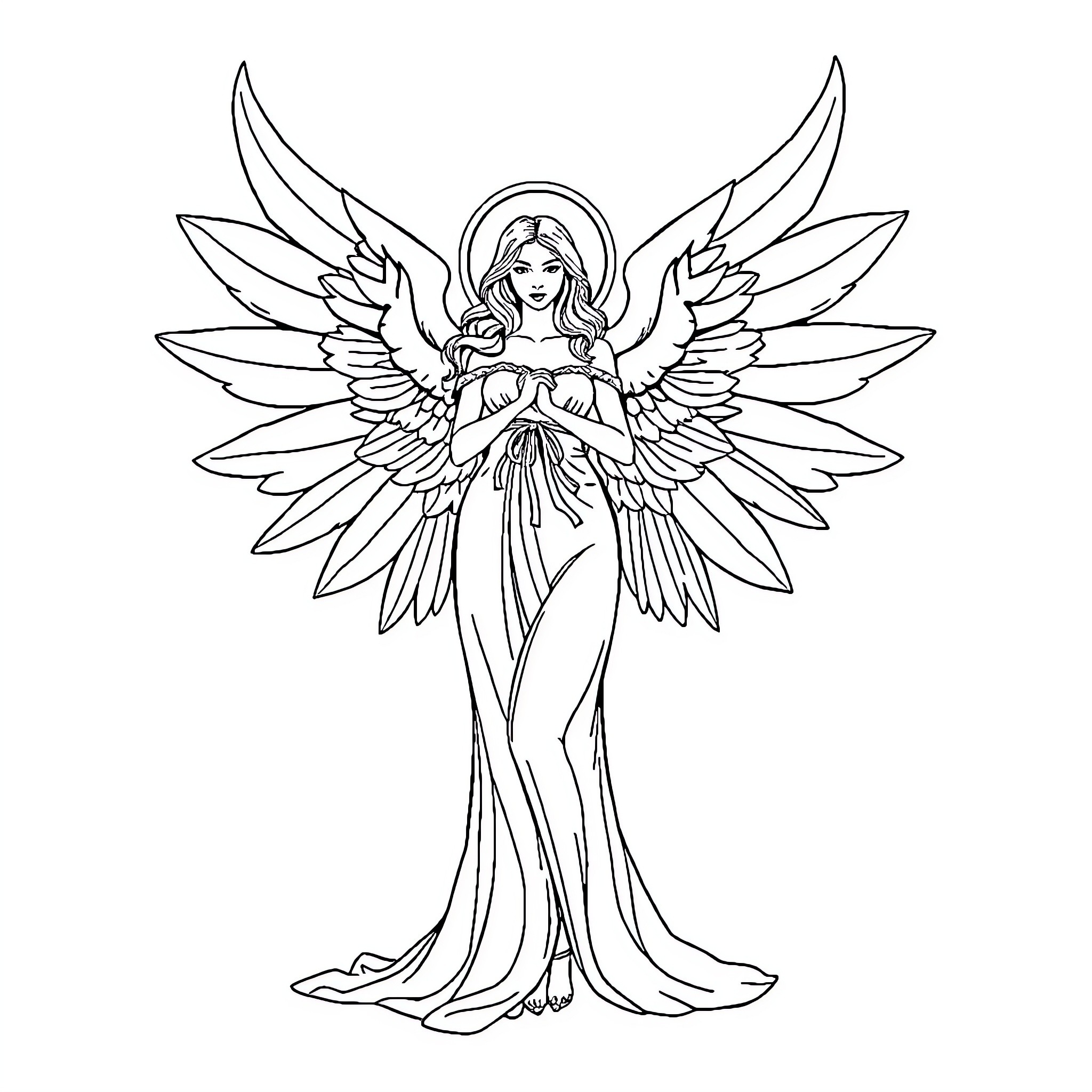 Woman with angelic wings and flowing dress Coloring Page (free black-and-white line drawing printable PDF for all, from beginners to advanced learners, including children, teens, adults, and seniors)