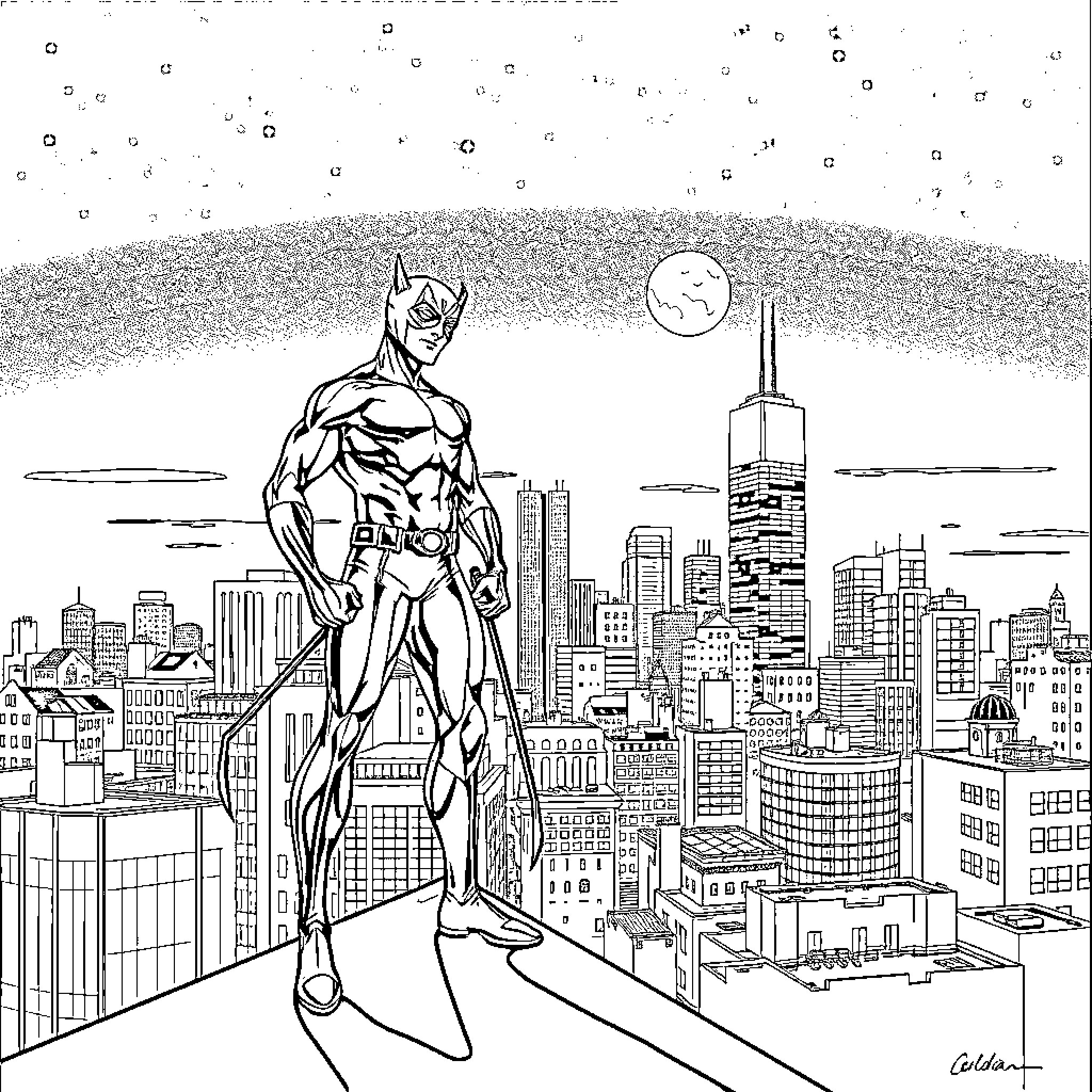 Daredevil soaring over the city skyline Coloring Page (free black-and-white line drawing printable PDF for all, from beginners to advanced learners, including children, teens, adults, and seniors)