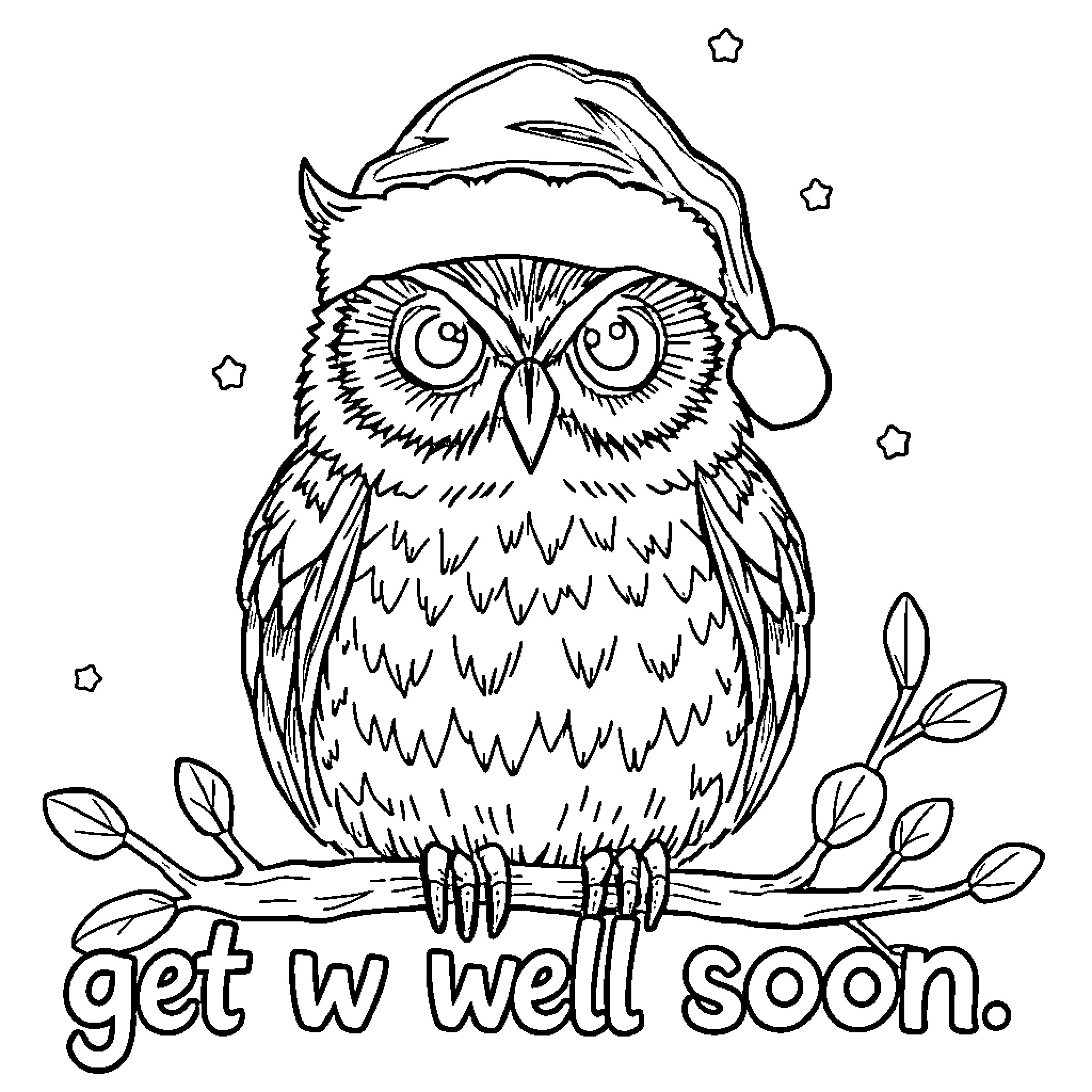 Owl in Santa Hat Wishing Get Well Soon Coloring Page (free black-and-white line drawing printable PDF for all, from beginners to advanced learners, including children, teens, adults, and seniors)