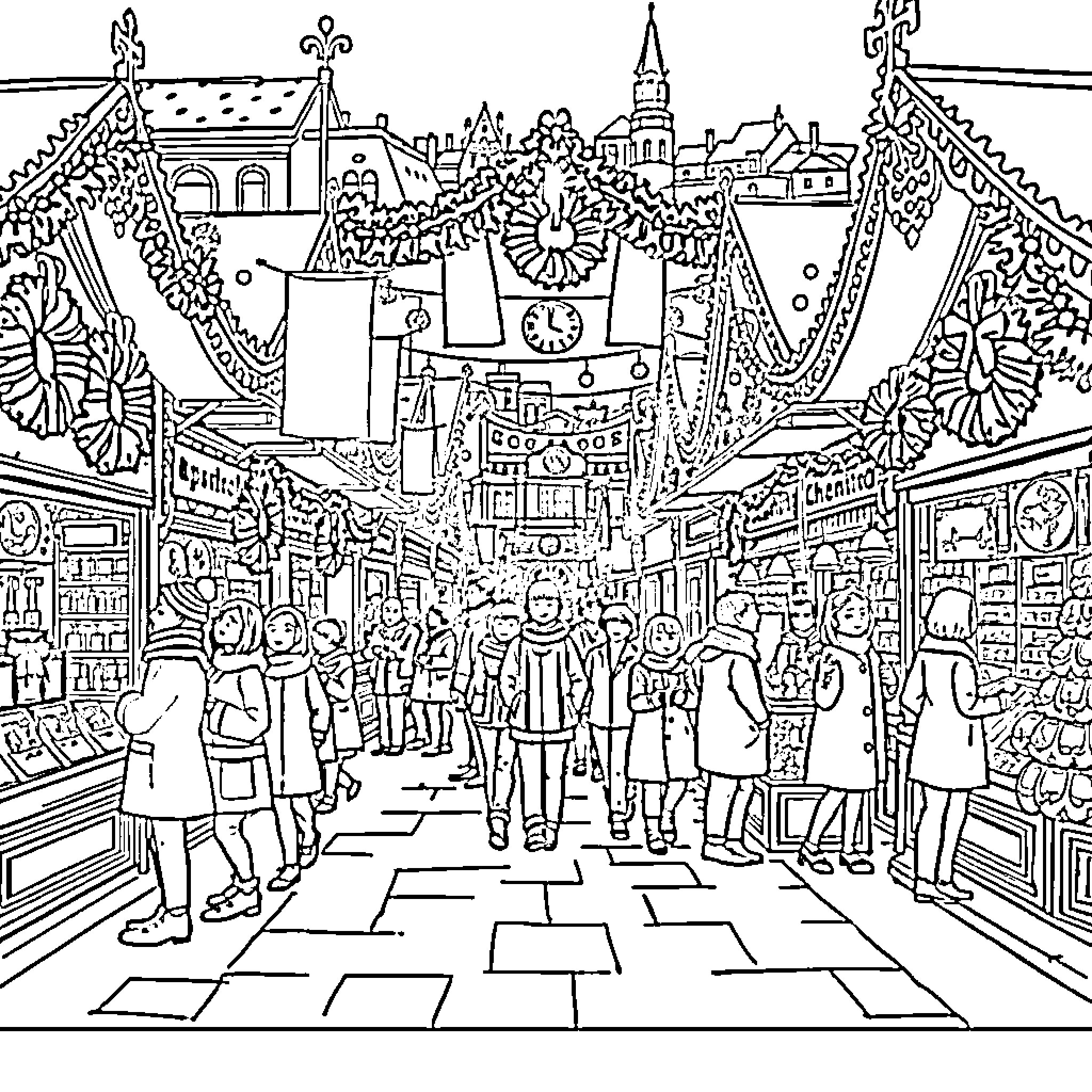 Christmas Market: Bustling Crowds and Festive Decorations Coloring Page (free black-and-white line drawing printable PDF for all, from beginners to advanced learners, including children, teens, adults, and seniors)