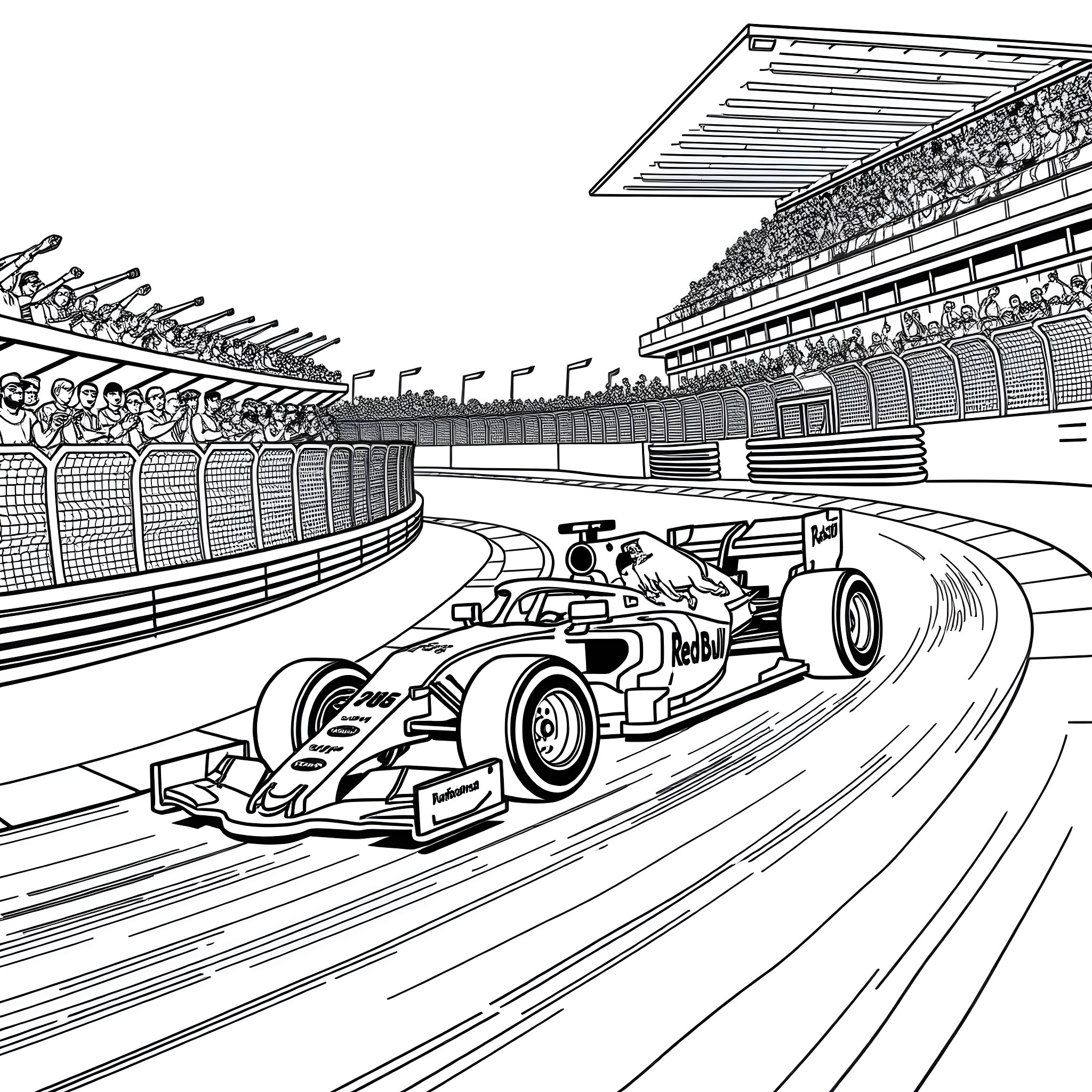 Lego Redbull F1 Car Racing on the Track Coloring Page (free black-and-white line drawing printable PDF for all, from beginners to advanced learners, including children, teens, adults, and seniors)