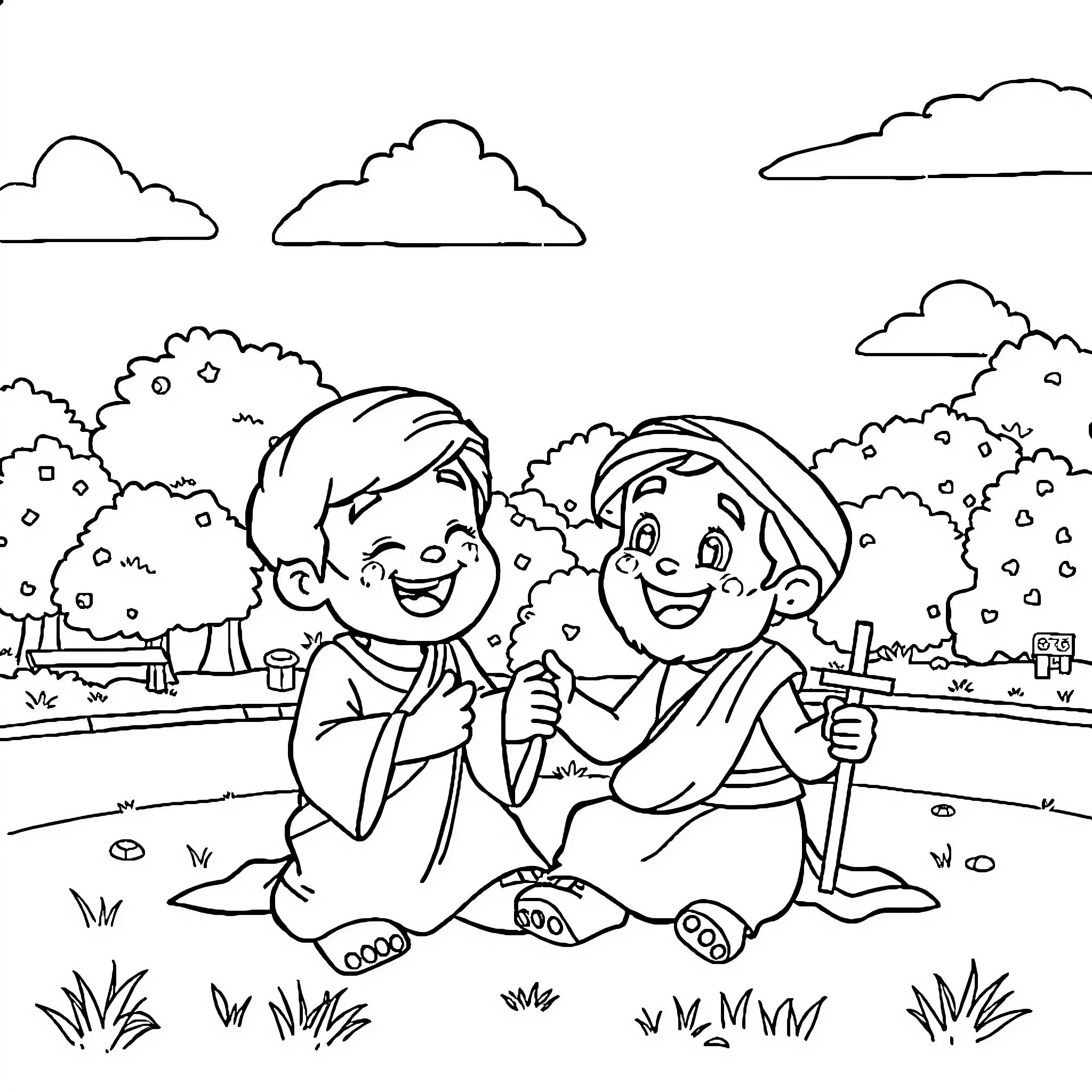 Bluey and Bingo playing together outdoors Coloring Page (free black-and-white line drawing printable PDF for all, from beginners to advanced learners, including children, teens, adults, and seniors)