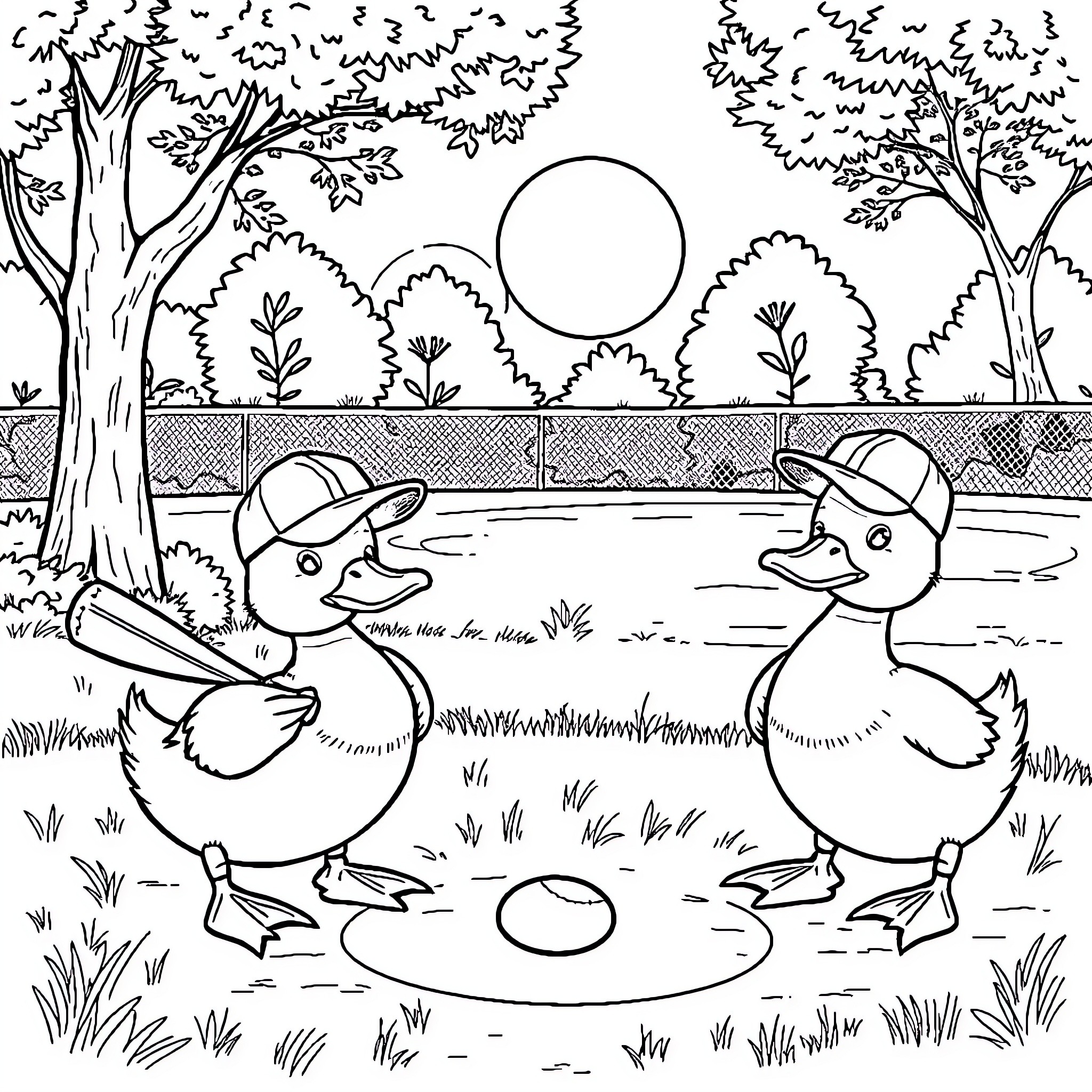 Ducks playing in the park by the pond Coloring Page (free black-and-white line drawing printable PDF for all, from beginners to advanced learners, including children, teens, adults, and seniors)