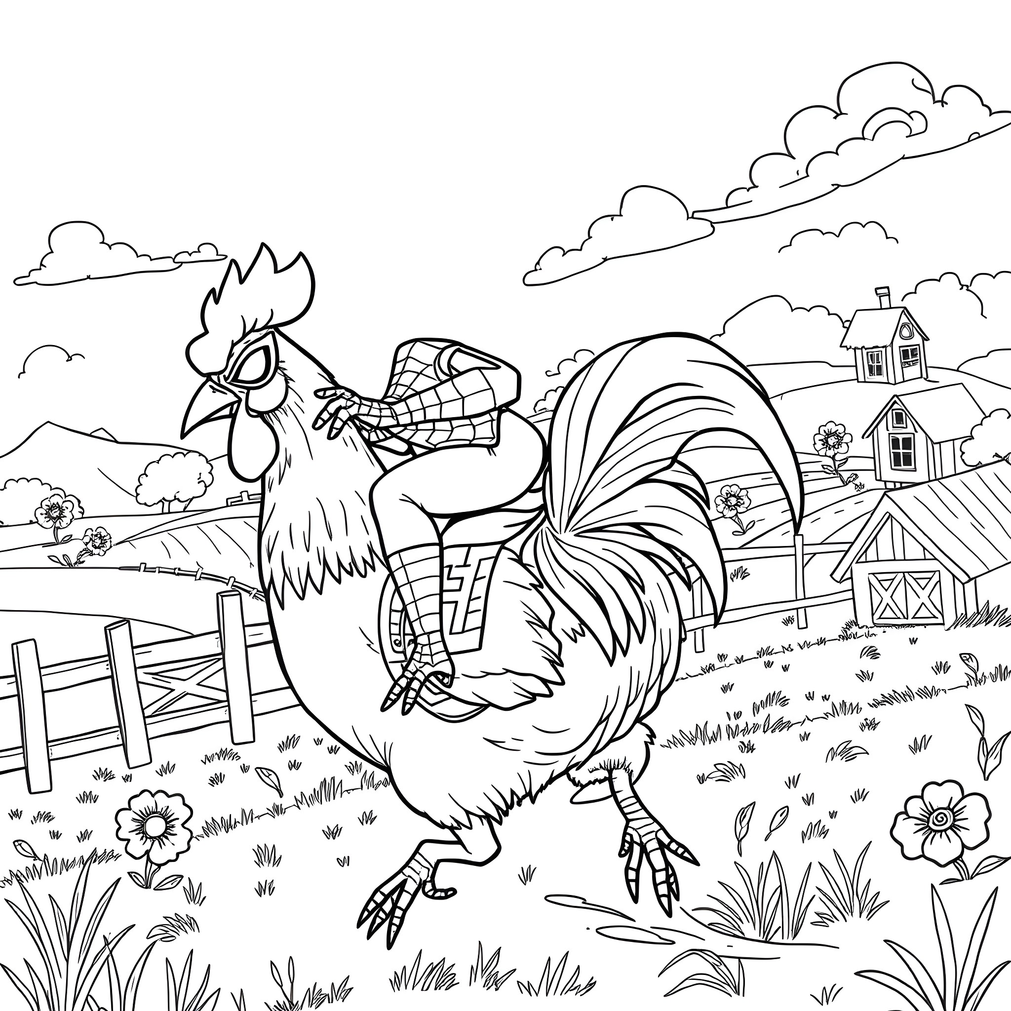 Spiderman's Rooster Adventure on the Farm Coloring Page (free black-and-white line drawing printable PDF for all, from beginners to advanced learners, including children, teens, adults, and seniors)