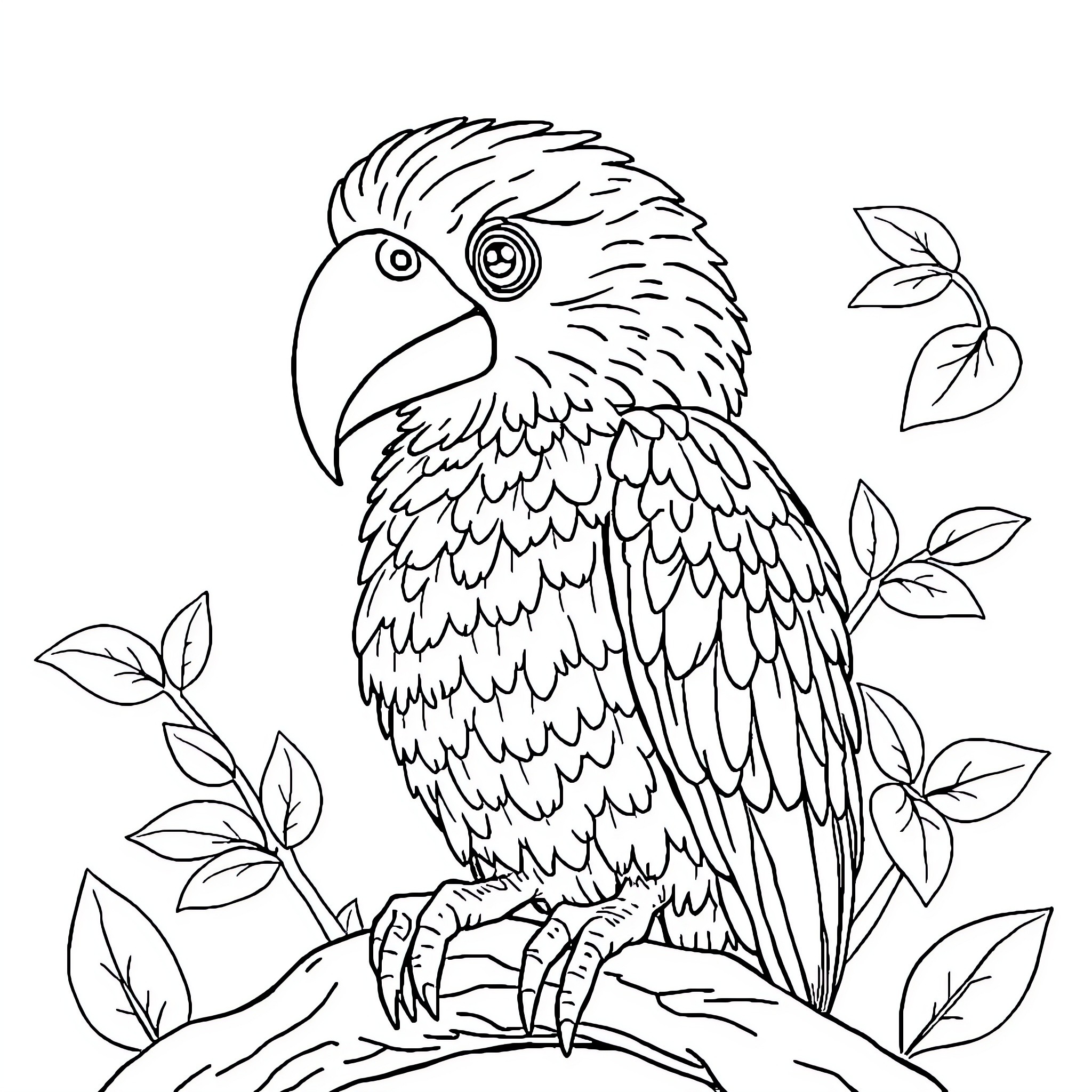 Animal perched on branch surrounded by leaves Coloring Page (free black-and-white line drawing printable PDF for all, from beginners to advanced learners, including children, teens, adults, and seniors)