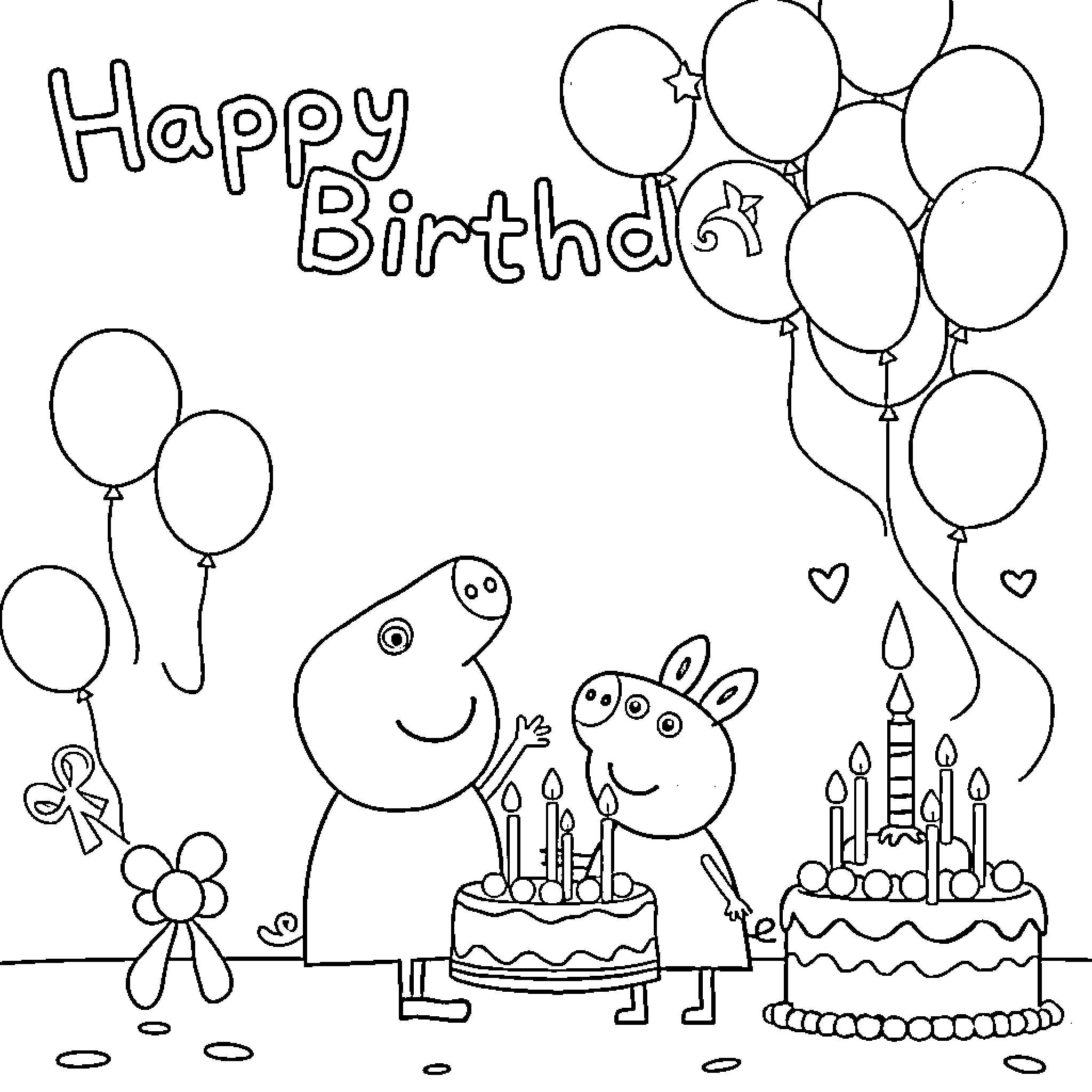 Peppa Pig celebrating a happy birthday with friends Coloring Page (free black-and-white line drawing printable PDF for all, from beginners to advanced learners, including children, teens, adults, and seniors)