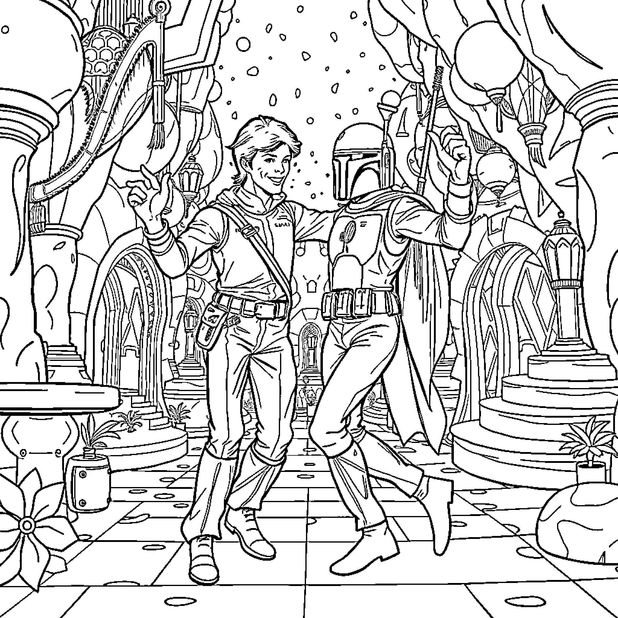 David Bowie in a Futuristic Space Adventure Coloring Page (free black-and-white line drawing printable PDF for all, from beginners to advanced learners, including children, teens, adults, and seniors)