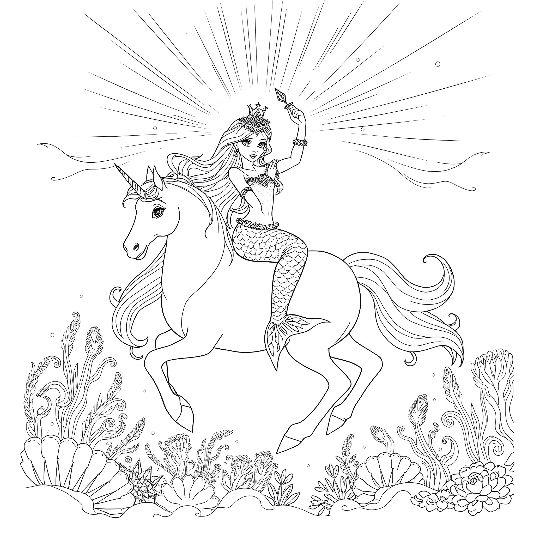 Mermaid riding a magical unicorn under the sea Coloring Page (free black-and-white line drawing printable PDF for all, from beginners to advanced learners, including children, teens, adults, and seniors)