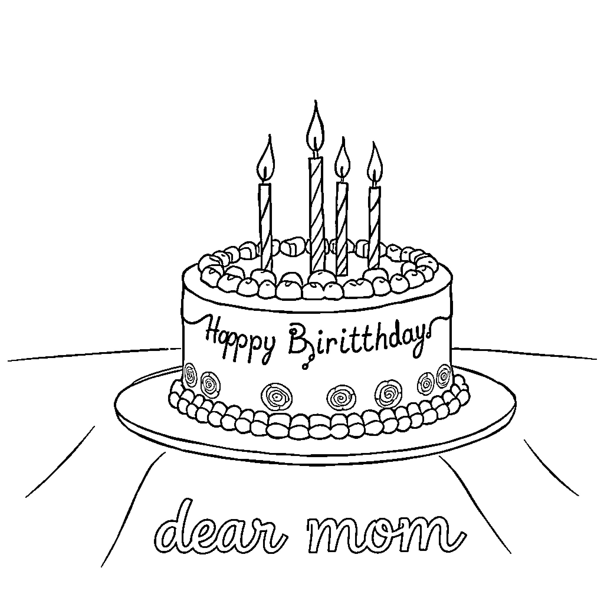 Birthday Cake Celebration with Happy Message Coloring Page (free black-and-white line drawing printable PDF for all, from beginners to advanced learners, including children, teens, adults, and seniors)