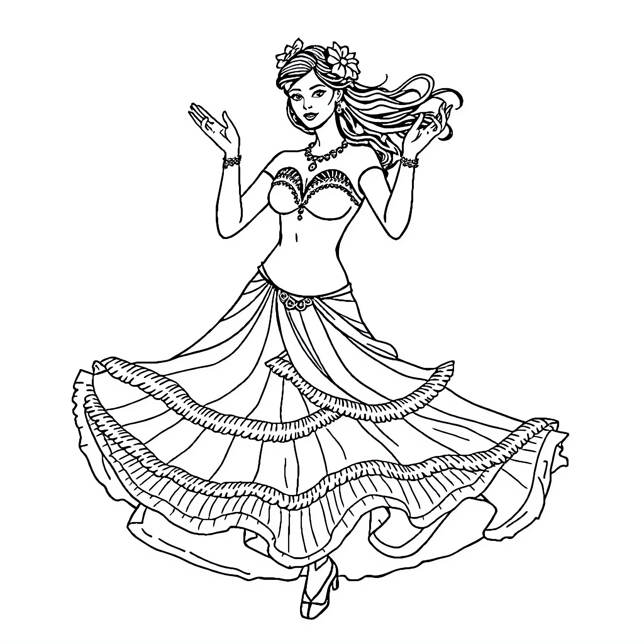 Leana's Joyful Dance in Elaborate Costume Coloring Page (free black-and-white line drawing printable PDF for all, from beginners to advanced learners, including children, teens, adults, and seniors)