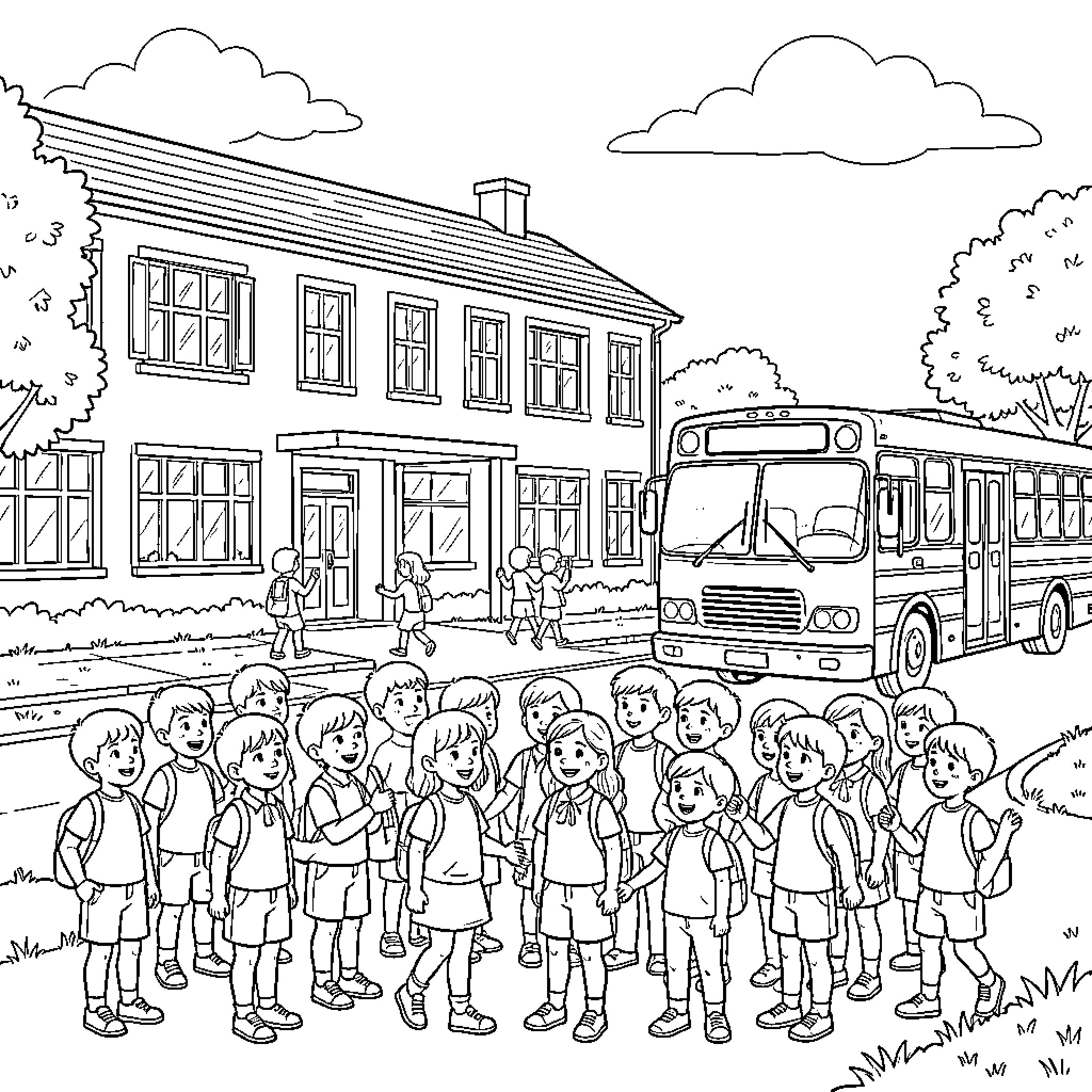 School children gathering excitedly near a large bus Coloring Page (free black-and-white line drawing printable PDF for all, from beginners to advanced learners, including children, teens, adults, and seniors)