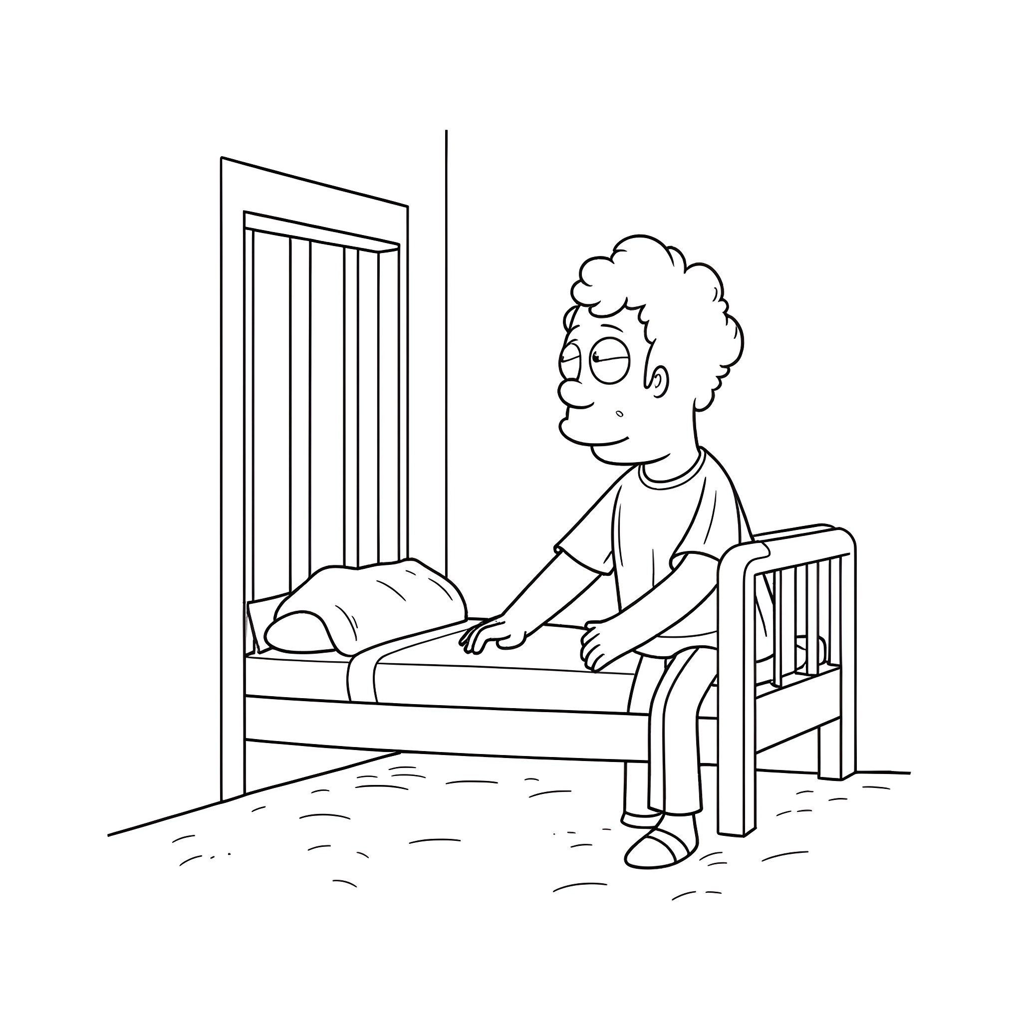 Michael Scott in hospital bed looking distressed Coloring Page (free black-and-white line drawing printable PDF for all, from beginners to advanced learners, including children, teens, adults, and seniors)