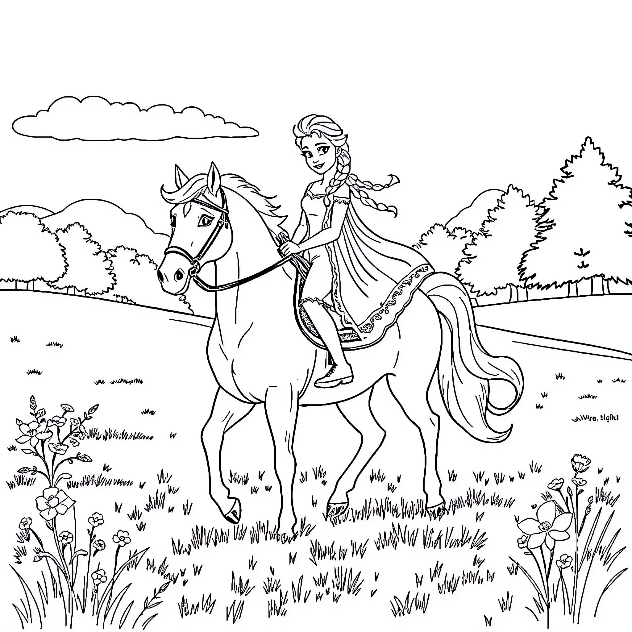 Elsa riding a graceful horse through a scenic landscape Coloring Page (free black-and-white line drawing printable PDF for all, from beginners to advanced learners, including children, teens, adults, and seniors)