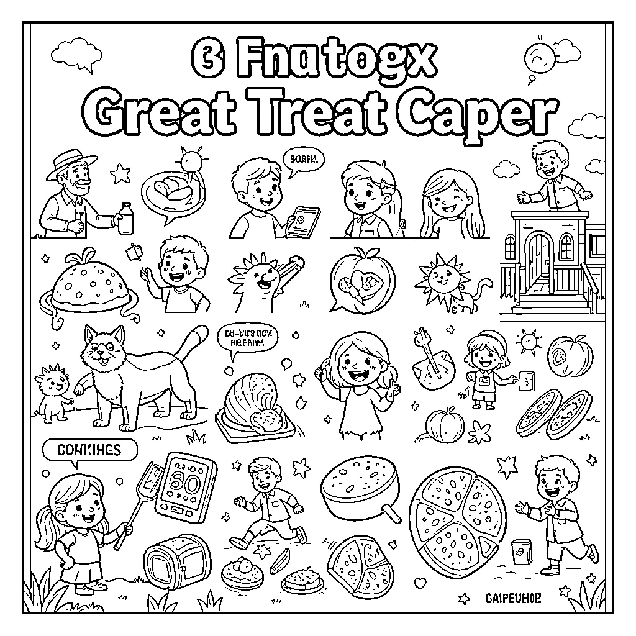 Great Treat Caper featuring children enjoying various snacks Coloring Page (free black-and-white line drawing printable PDF for all, from beginners to advanced learners, including children, teens, adults, and seniors)