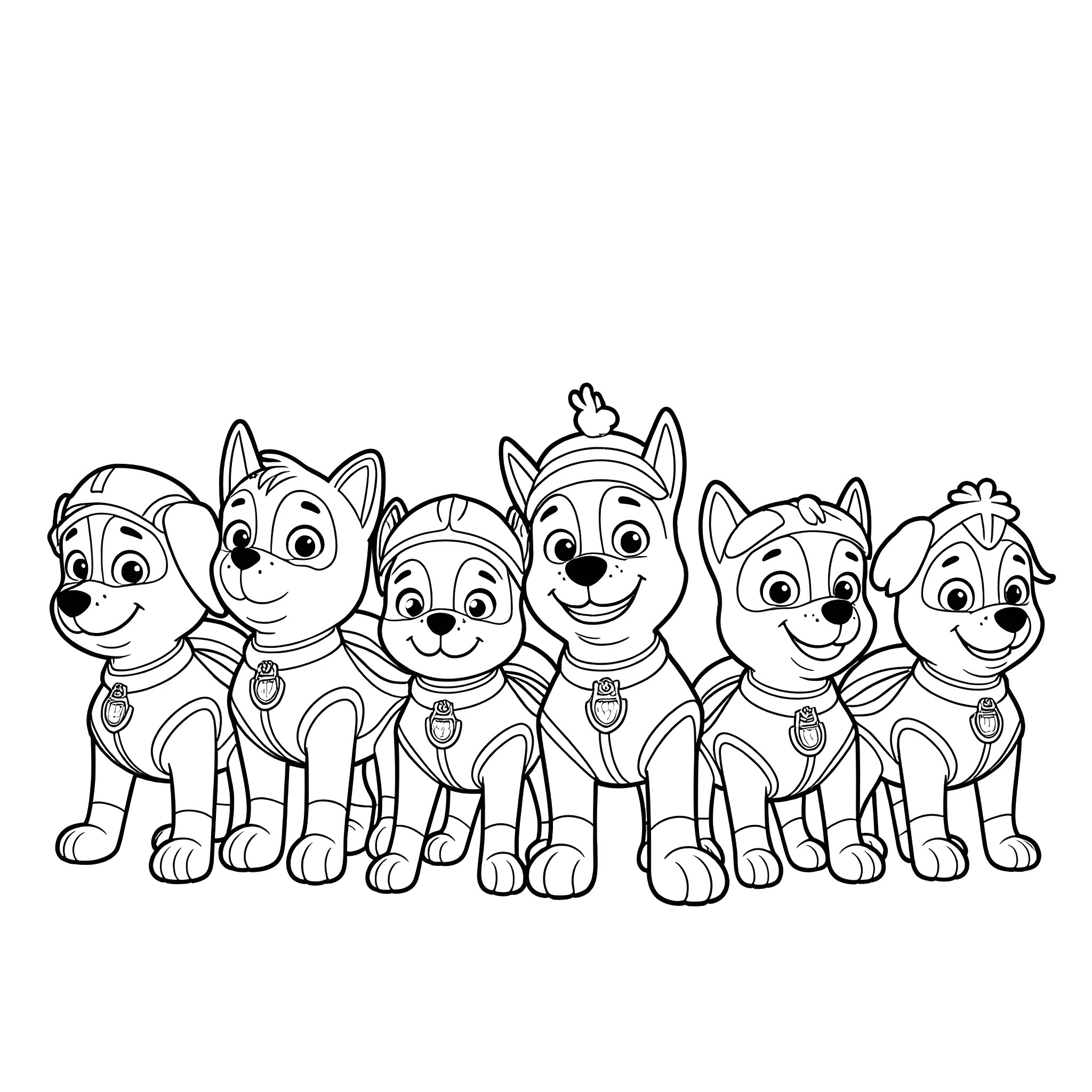 Paw Patrol pups in action poses Coloring Page (free black-and-white line drawing printable PDF for all, from beginners to advanced learners, including children, teens, adults, and seniors)