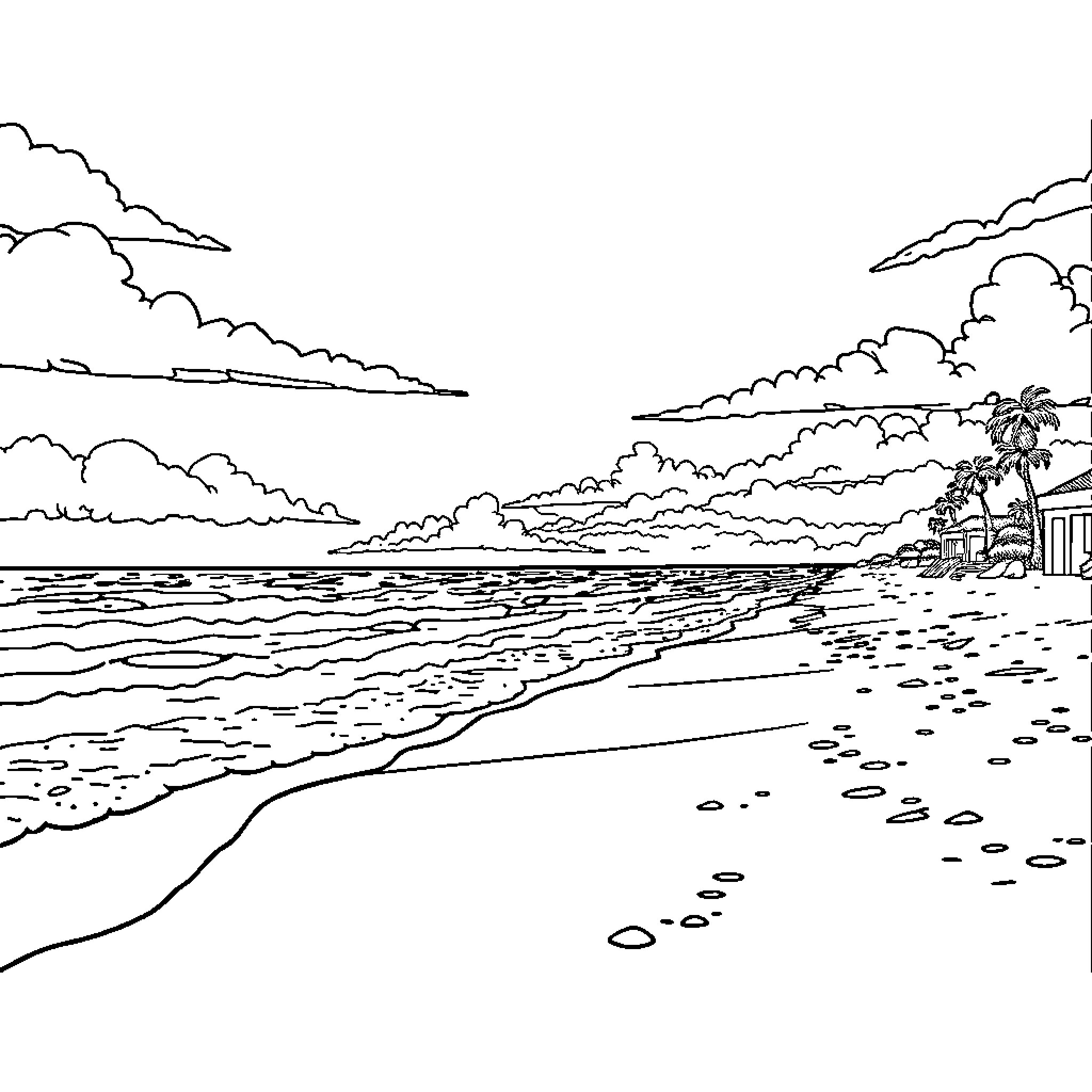Beach landscape with clouds and palm tree Coloring Page (free black-and-white line drawing printable PDF for all, from beginners to advanced learners, including children, teens, adults, and seniors)