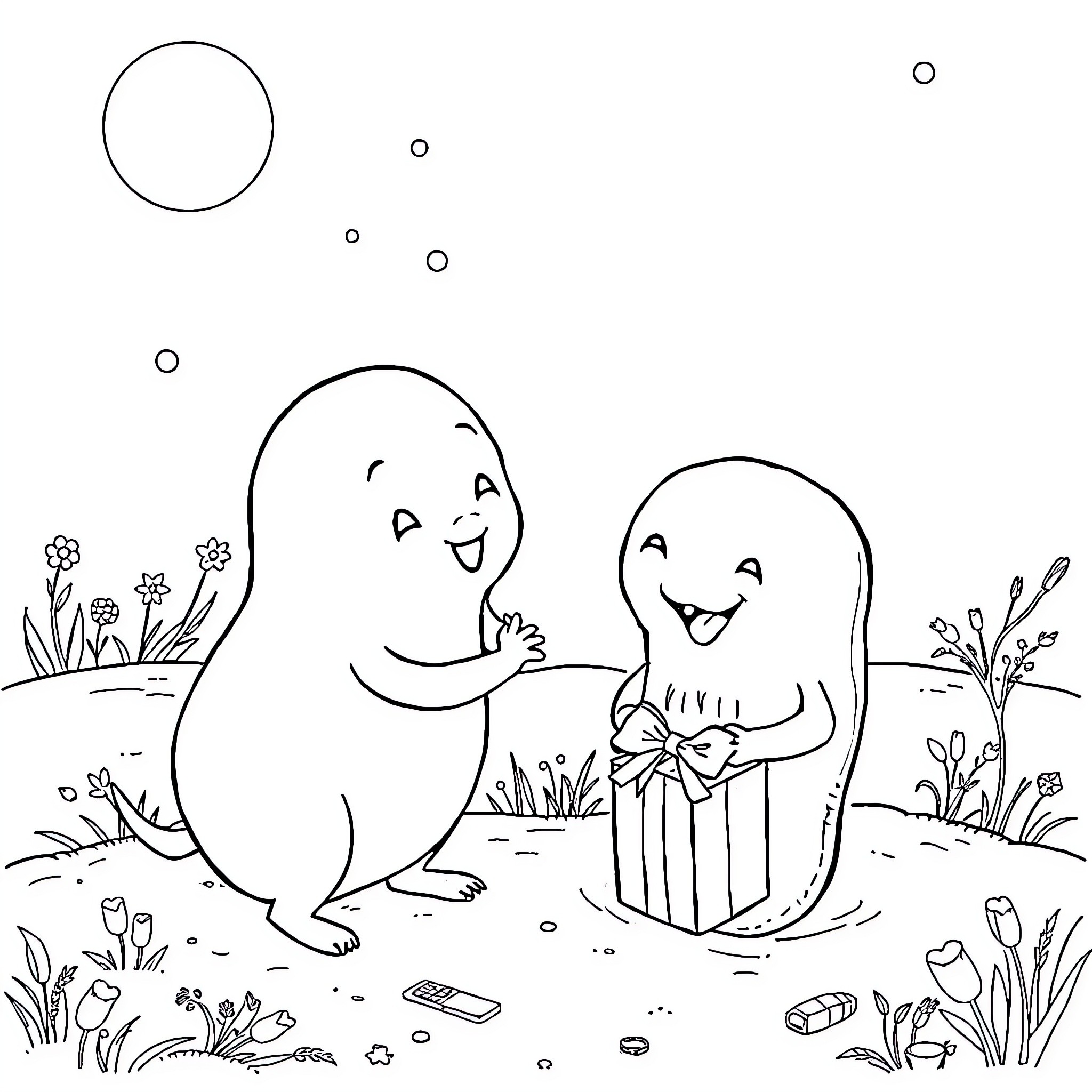 Zahn's Joyful Friends in Nature Coloring Page (free black-and-white line drawing printable PDF for all, from beginners to advanced learners, including children, teens, adults, and seniors)