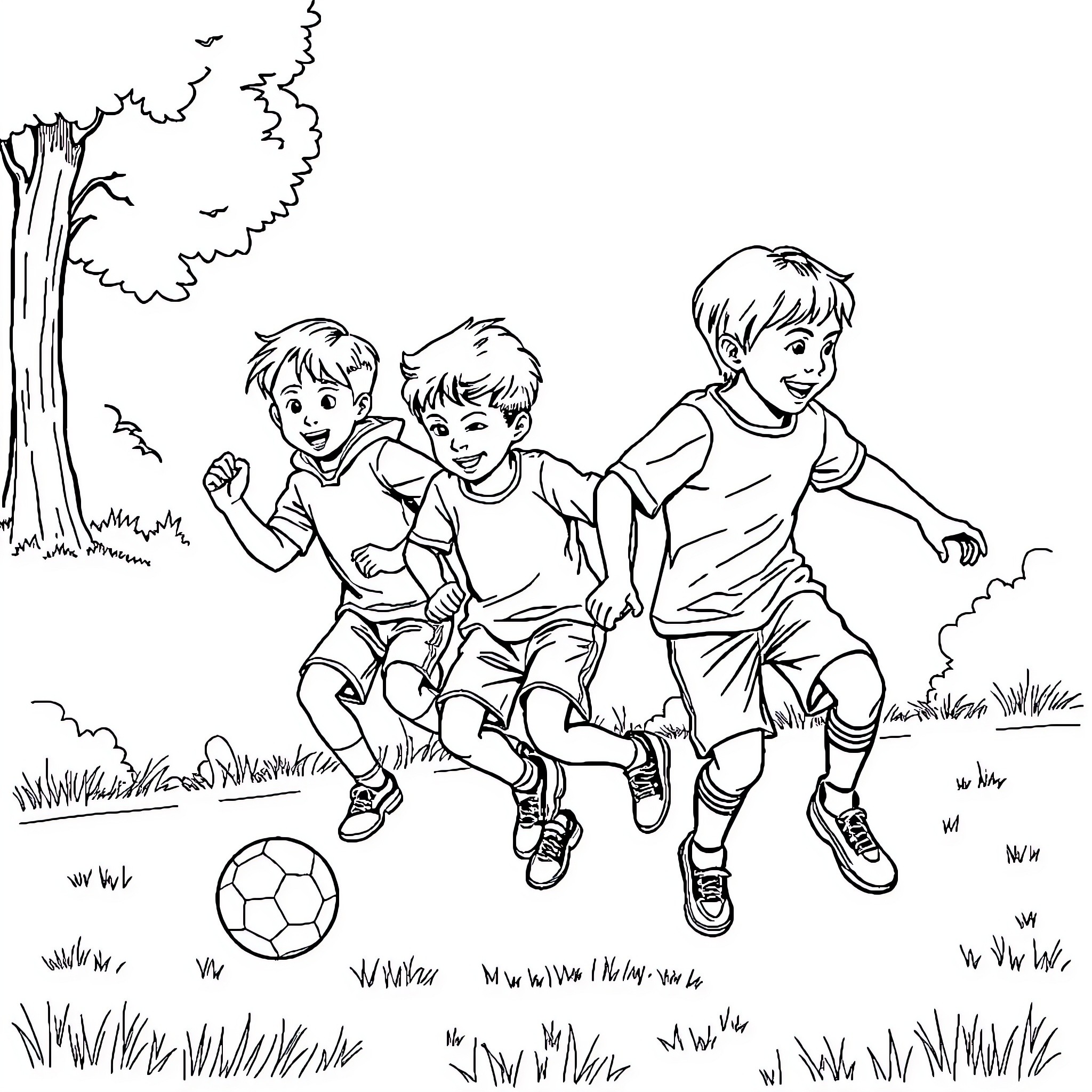 Child friends playing soccer in the park Coloring Page (free black-and-white line drawing printable PDF for all, from beginners to advanced learners, including children, teens, adults, and seniors)