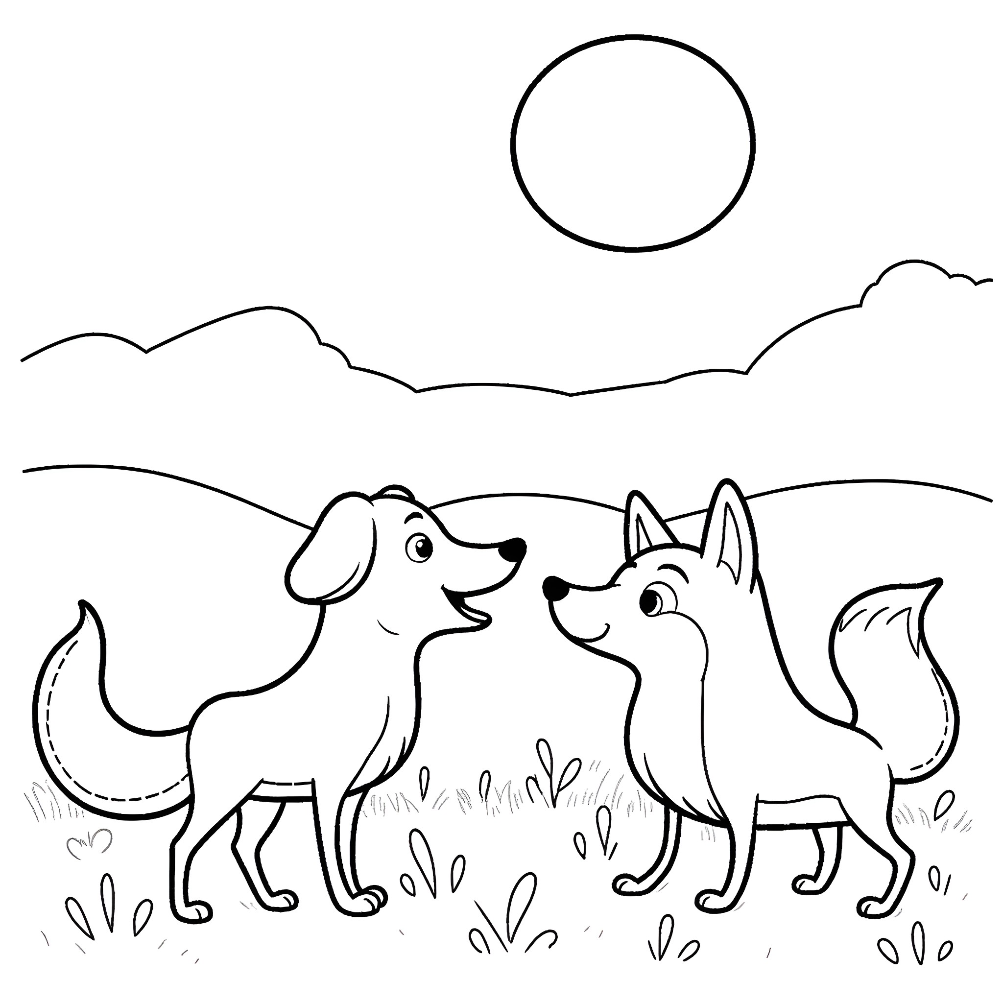 Dogs playing in the countryside Coloring Page (free black-and-white line drawing printable PDF for all, from beginners to advanced learners, including children, teens, adults, and seniors)