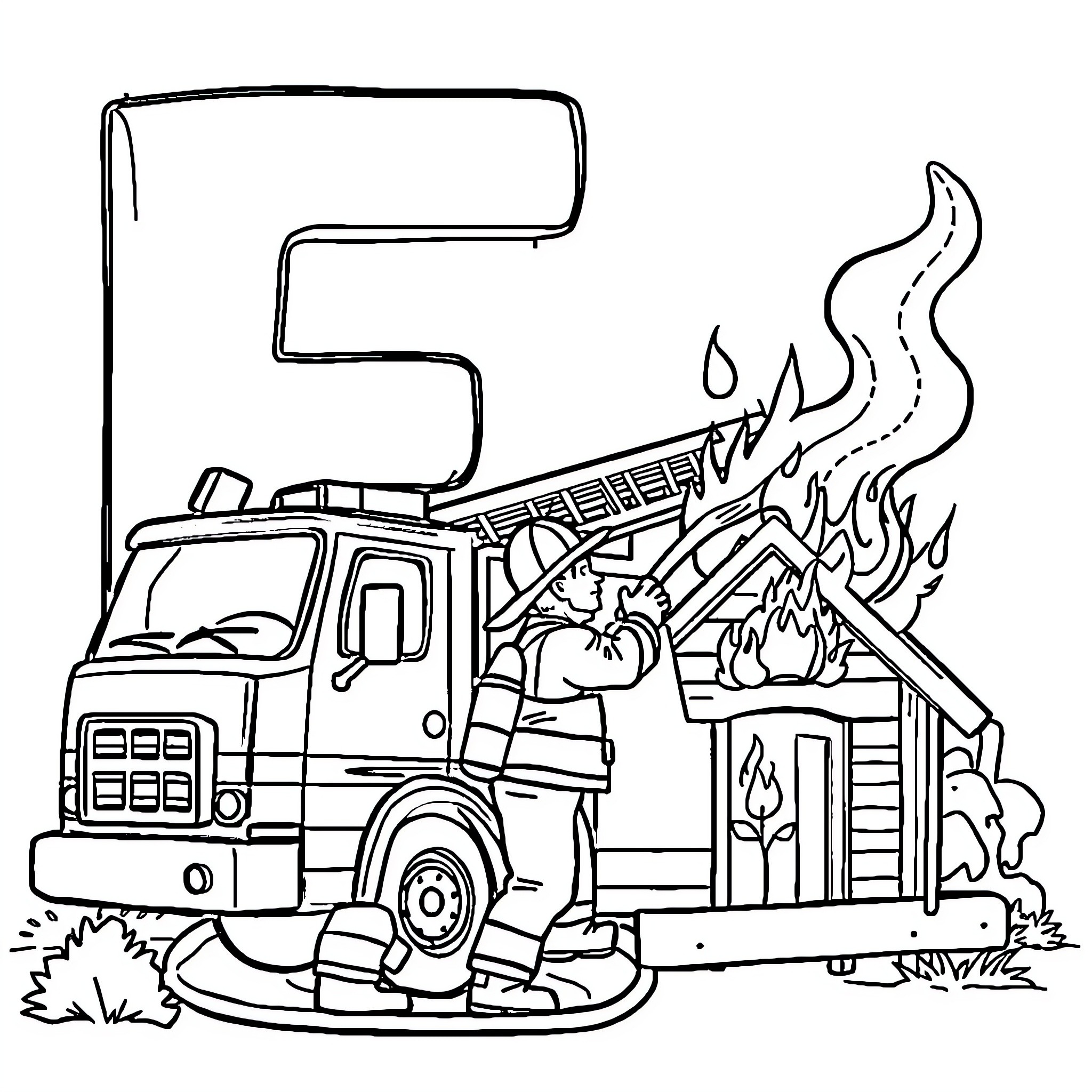 Firetruck rushing to extinguish burning house Coloring Page (free black-and-white line drawing printable PDF for all, from beginners to advanced learners, including children, teens, adults, and seniors)