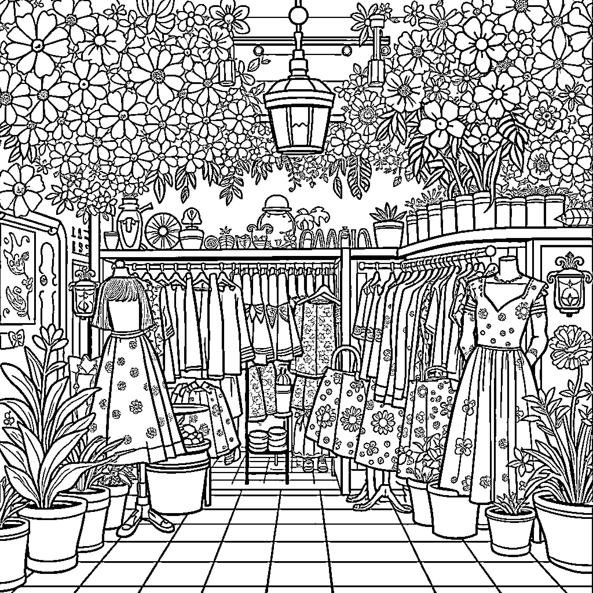 Flower-filled Boutique with Vibrant Displays Coloring Page (free black-and-white line drawing printable PDF for all, from beginners to advanced learners, including children, teens, adults, and seniors)