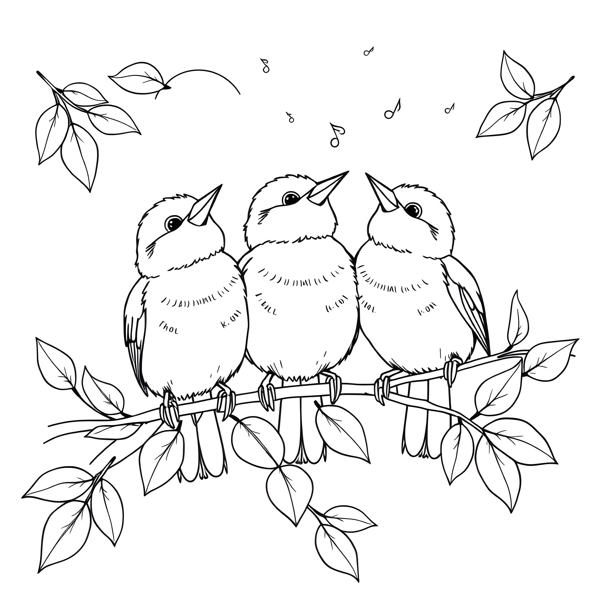 Bird friends perched on a branch with leaves Coloring Page (free black-and-white line drawing printable PDF for all, from beginners to advanced learners, including children, teens, adults, and seniors)