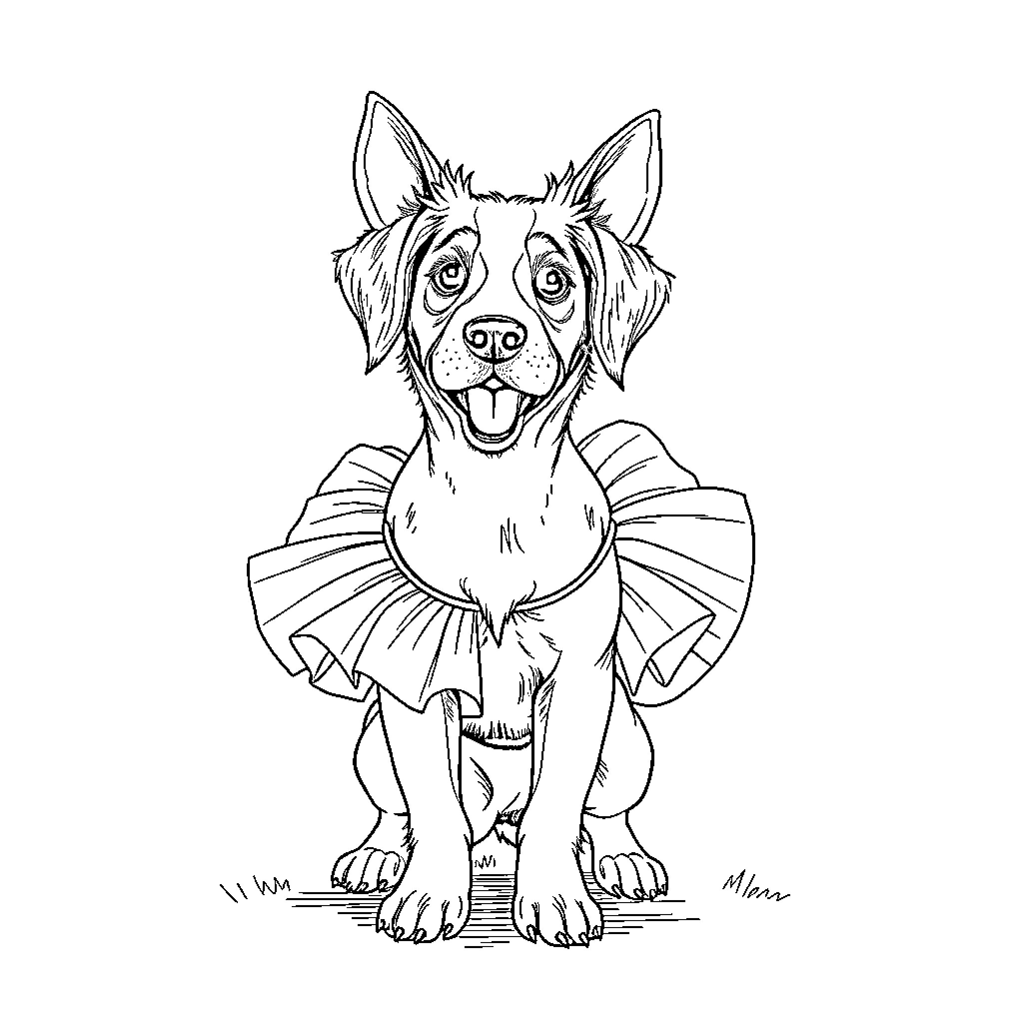 Dog wearing a funny costume Coloring Page (free black-and-white line drawing printable PDF for all, from beginners to advanced learners, including children, teens, adults, and seniors)
