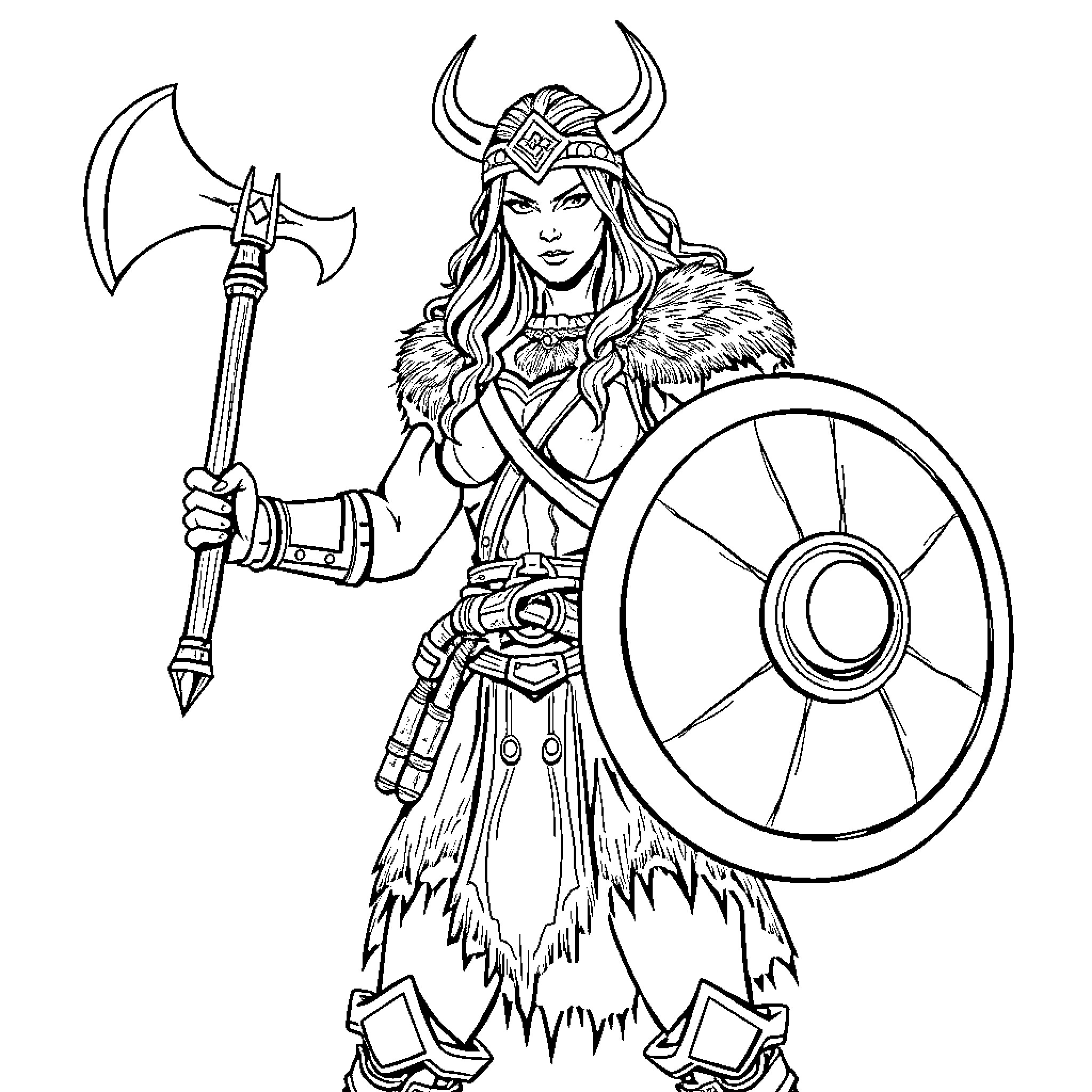 Viking Woman Wielding Axe and Shield Coloring Page (free black-and-white line drawing printable PDF for all, from beginners to advanced learners, including children, teens, adults, and seniors)